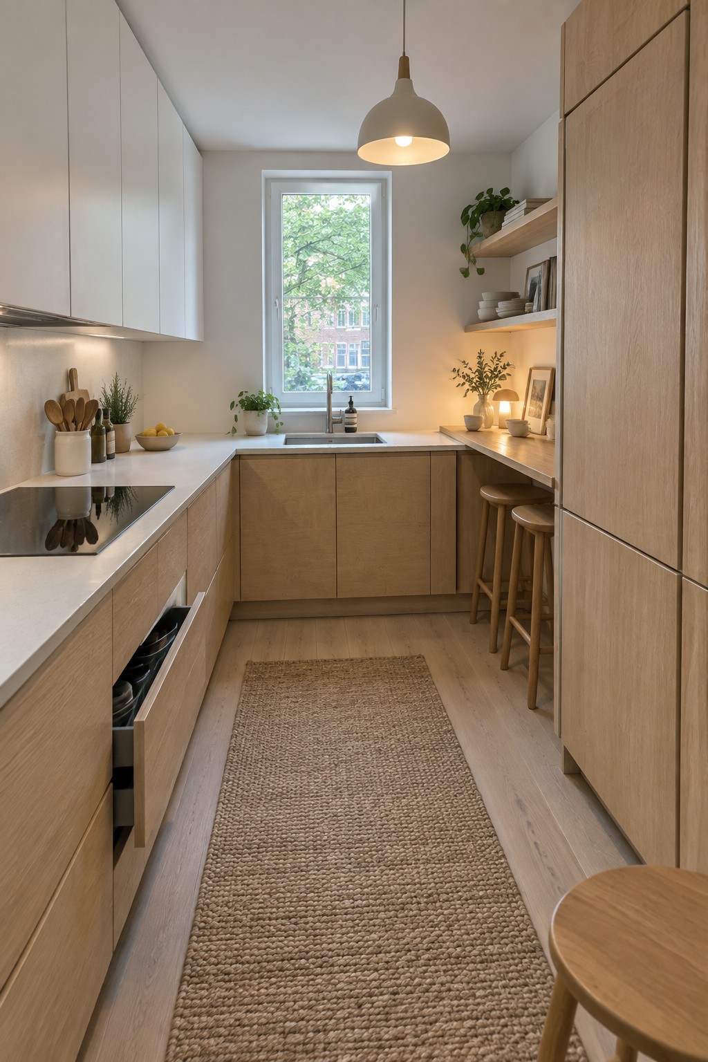 Modern narrow kitchen with light wood cabinets, white counters, woven rug runner