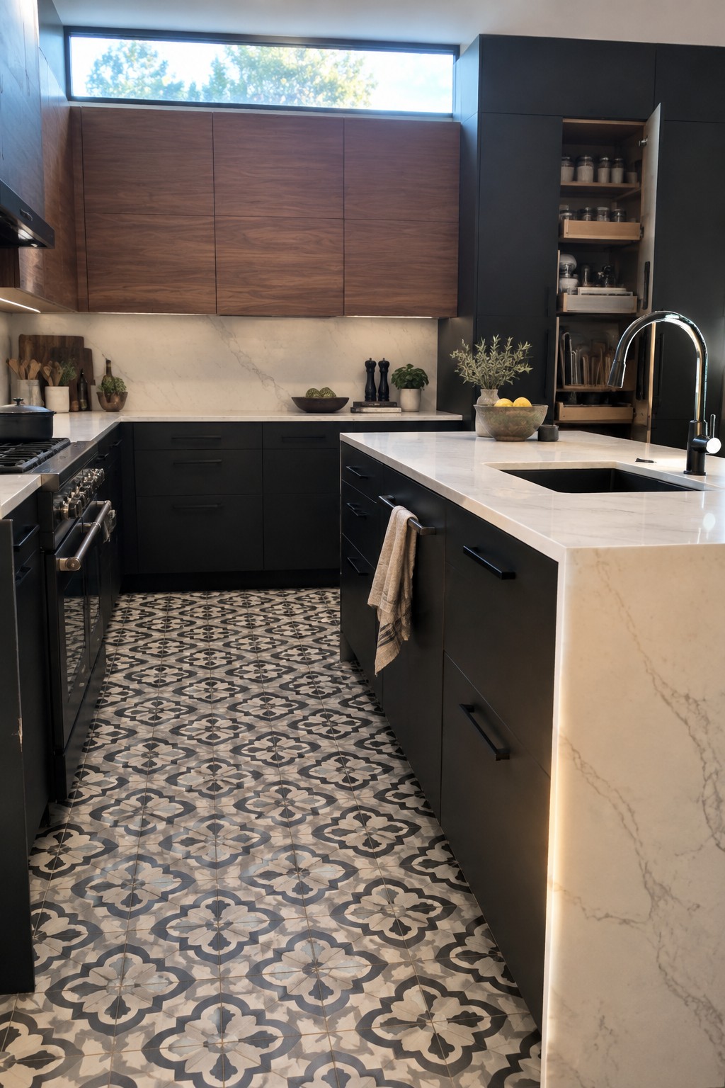 A modern U-shaped kitchen with dark cabinets, white marble countertops, a central island with sink, and patterned tile flooring.