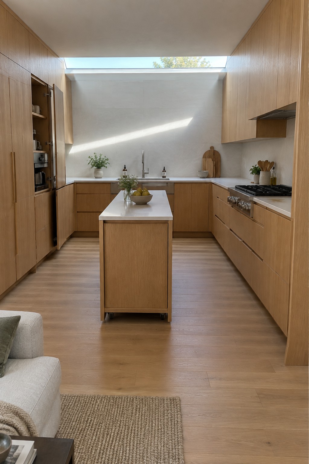 A bright kitchen with light wood U-shaped cabinets, a central island with a white countertop, and a skylight above the sink area.