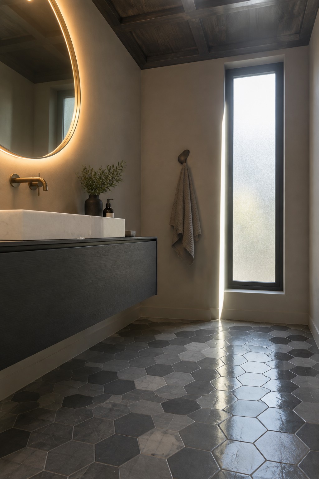 A bathroom with a dark wood coffered ceiling, floating dark wood vanity, white marble sink, hexagonal gray floor tiles, and a tall frosted window on the right wall.