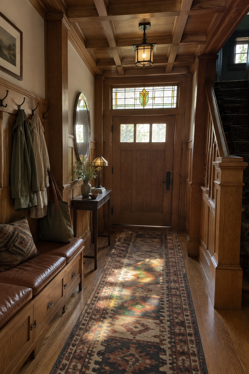 A narrow wood-paneled entryway with a coffered ceiling, a front door topped by stained glass, a runner rug, and a wooden bench with coats hanging on the left wall.