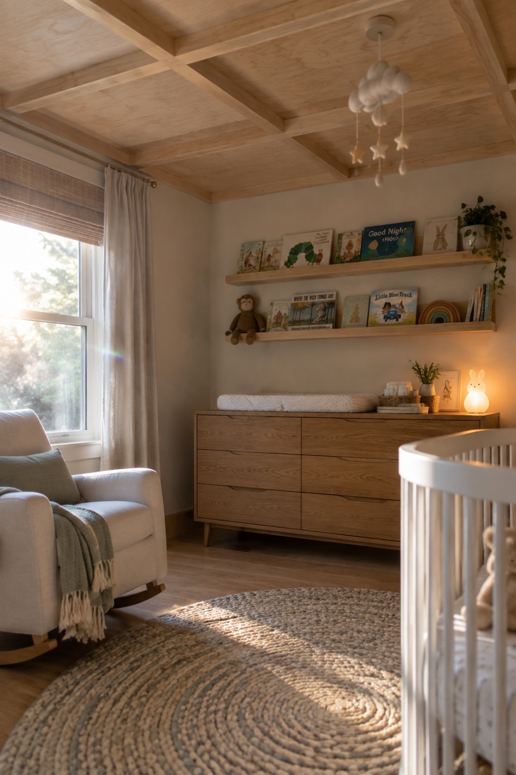 A bright nursery with a light wood coffered ceiling, white crib, wooden dresser with bookshelves above, rocking chair, and round woven rug on the floor.