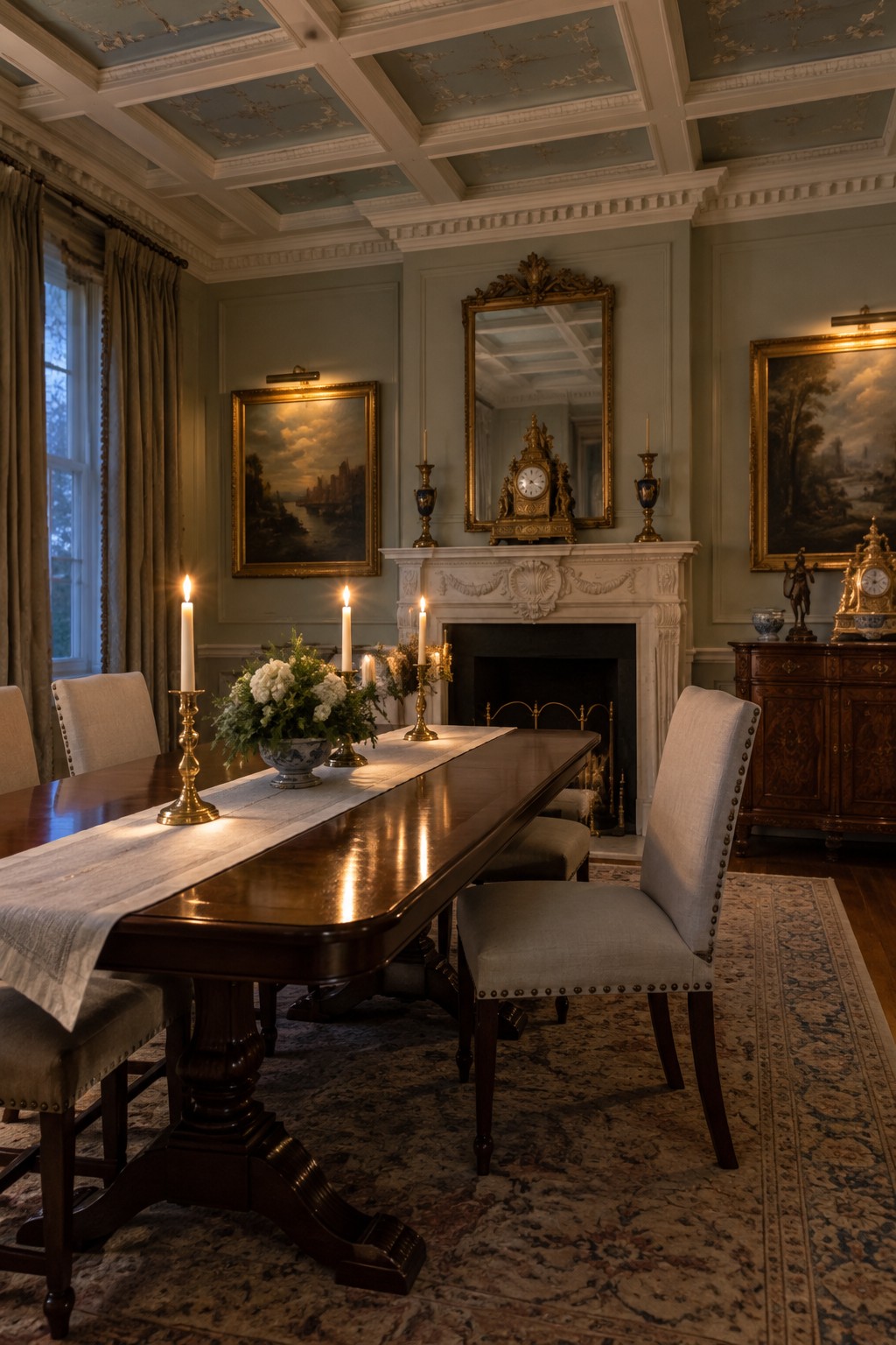 A formal dining room with a light blue coffered ceiling, dark wood table, upholstered chairs, fireplace, and landscape paintings on sage green walls.