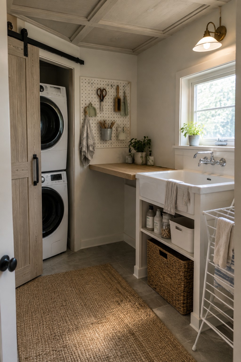 A laundry room interior with a white coffered ceiling, stacked washer and dryer behind a sliding barn door, a farmhouse sink under a window, and storage items on open shelves and a pegboard.
