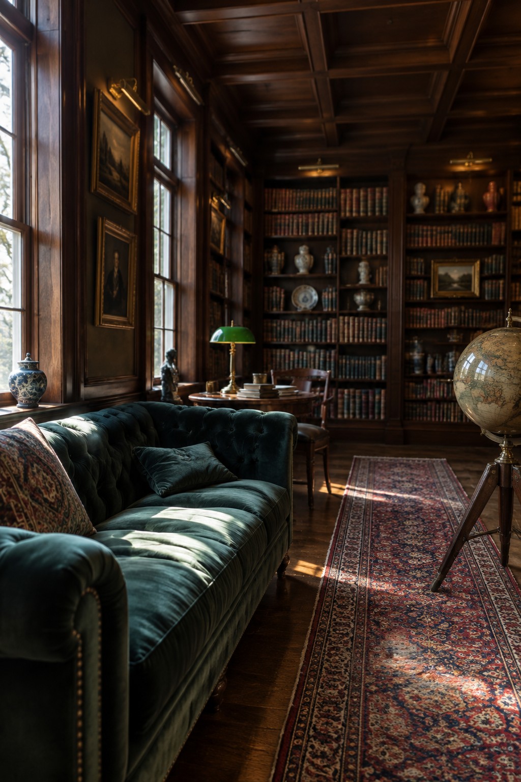 Interior of a long library with dark wood coffered ceiling, floor to ceiling bookshelves, green velvet sofa, and a globe on a stand.