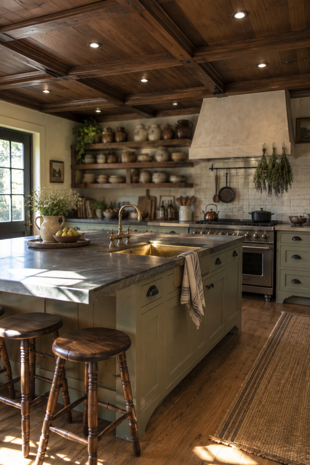 A kitchen interior with a dark wood coffered ceiling, green cabinetry, a stone-topped island with brass sink, wooden stools, and open shelving along the back wall.