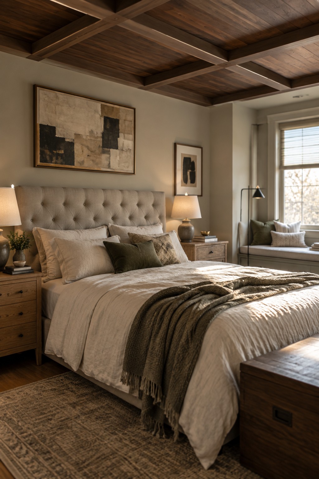 A bedroom with a dark wood coffered ceiling, a large bed with beige bedding and pillows, and two framed artworks on a light wall.