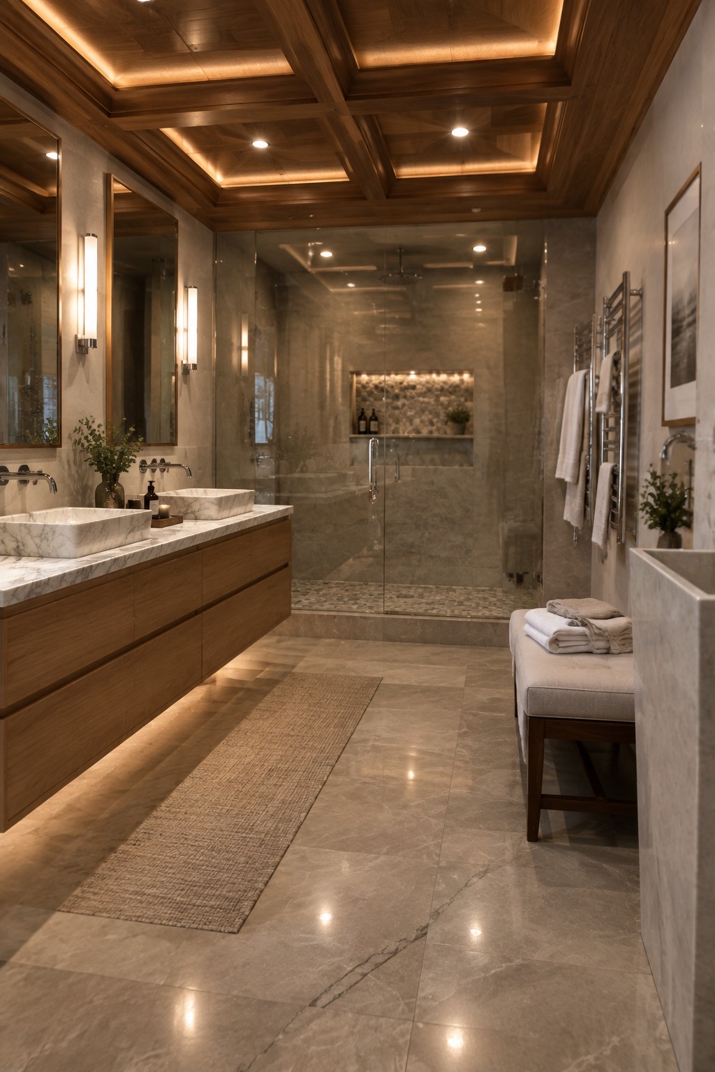 Luxurious marble bathroom with double wooden vanity, glass shower, and towel warmer.