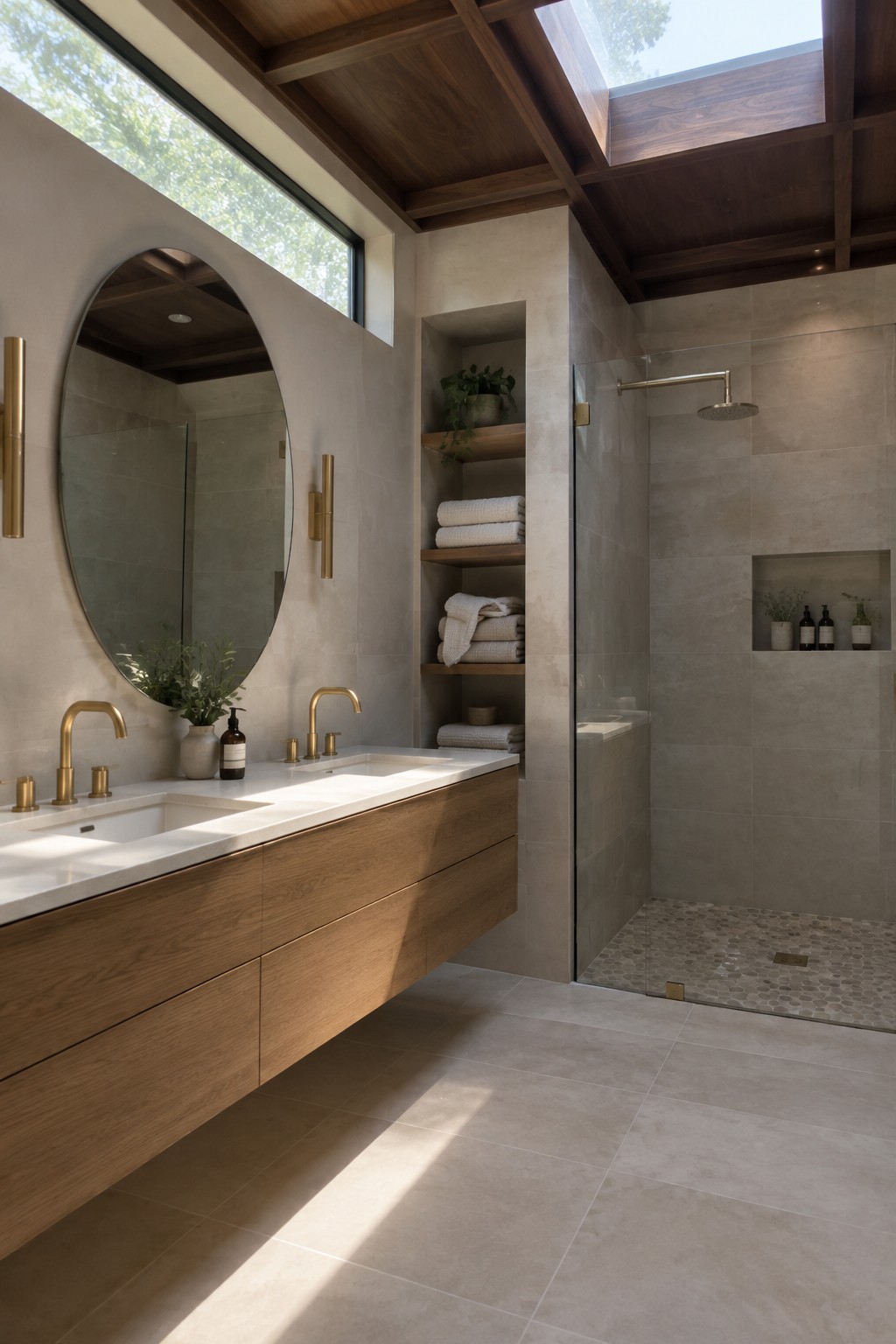 Modern bathroom with floating wood vanity, round mirror, and glass shower