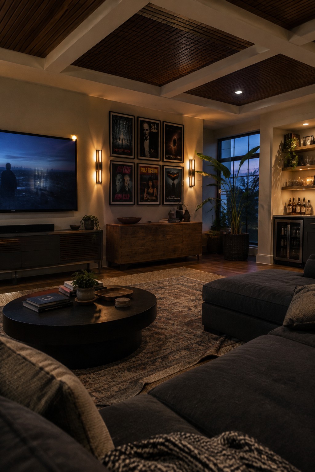 A living room with a dark wood coffered ceiling, wall-mounted television on the left, movie posters above a wooden console, and a dark sectional sofa in the foreground.