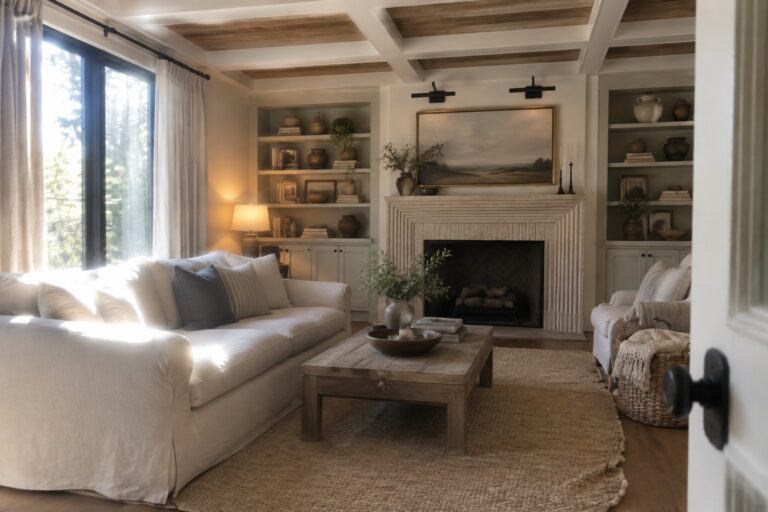 24 Gorgeous Ceiling Designs Featuring Coffered and Wood-Paneled Details A bright living room with a white sofa, wooden coffee table on a jute rug, built-in bookshelves, stone fireplace, and a white coffered ceiling with exposed wood beams.