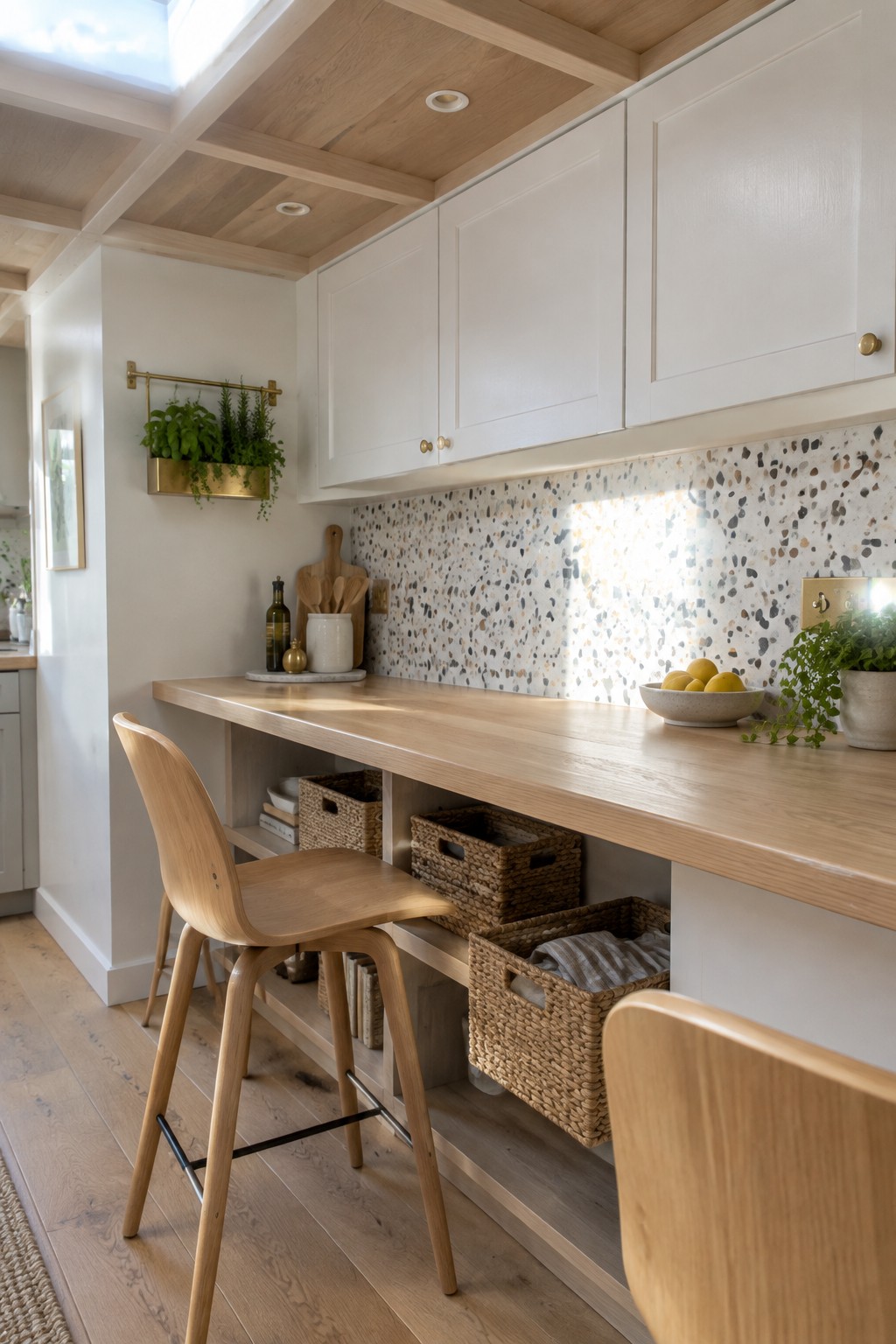 A modern kitchen with white cabinets, a light wood ceiling with beams, a long wooden countertop, woven baskets stored below, and a skylight overhead.