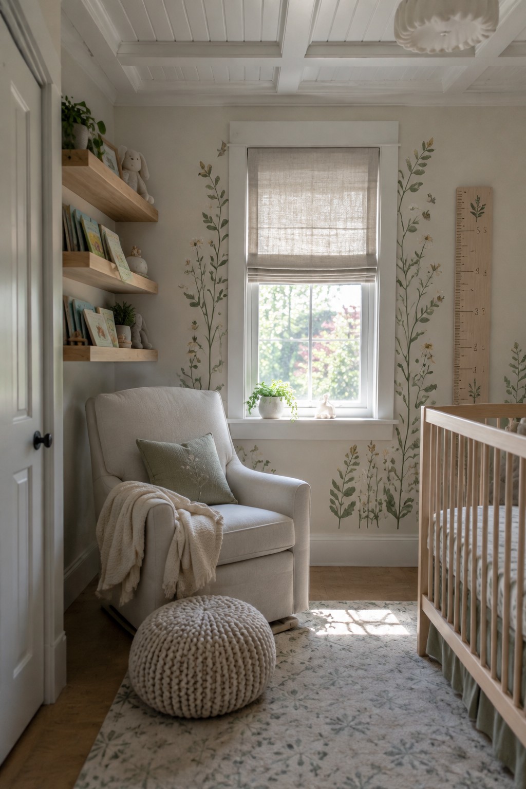 A bright nursery with white coffered ceiling, light armchair, wooden crib on the right, floating wood shelves on the left wall, and botanical wallpaper around a window with a linen shade.