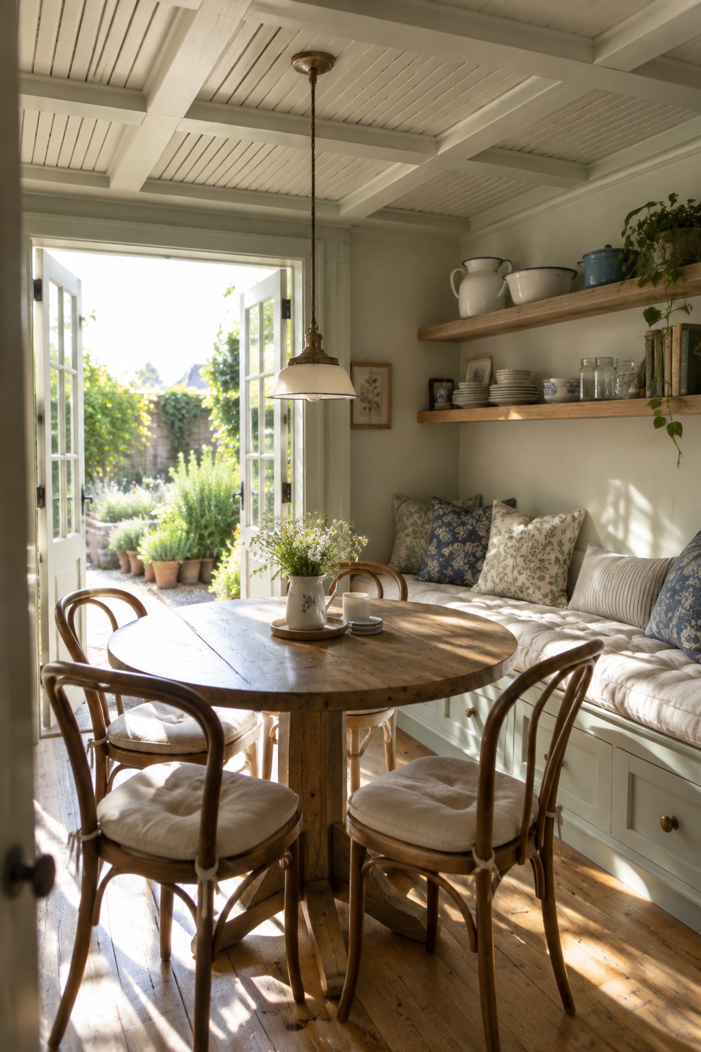 A dining room with white wood-paneled ceiling, round wooden table, bentwood chairs, and built-in bench seating beside open French doors.