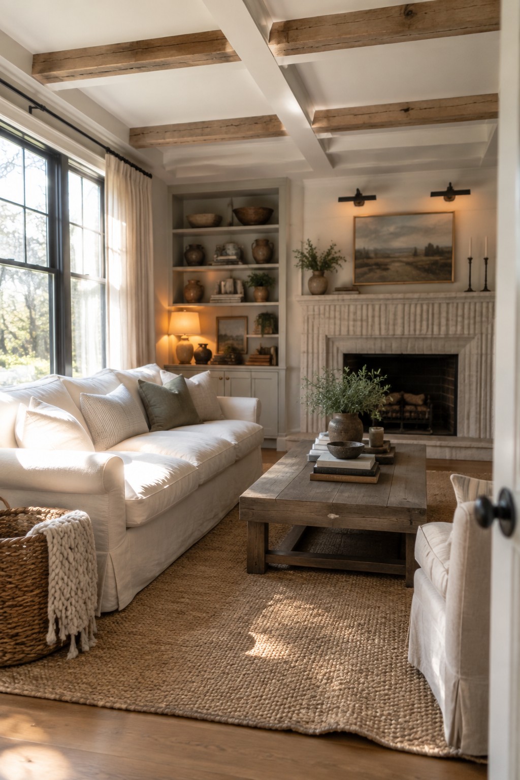 A bright living room with a white sofa, wooden coffee table on a jute rug, built-in bookshelves, stone fireplace, and a white coffered ceiling with exposed wood beams.