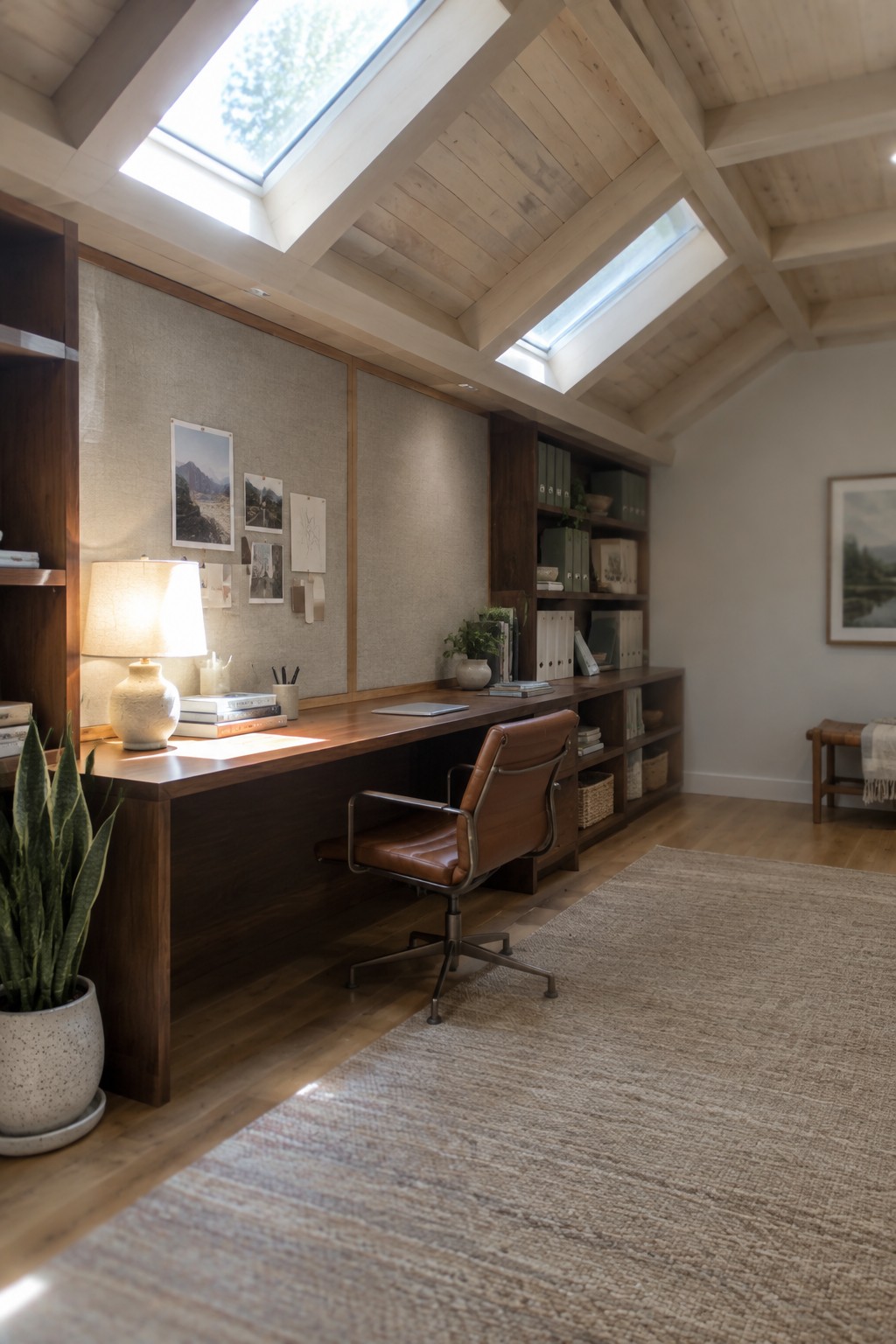 A home office featuring a long wooden built-in desk beneath a sloped ceiling with light wood paneling, exposed beams, and two skylights.