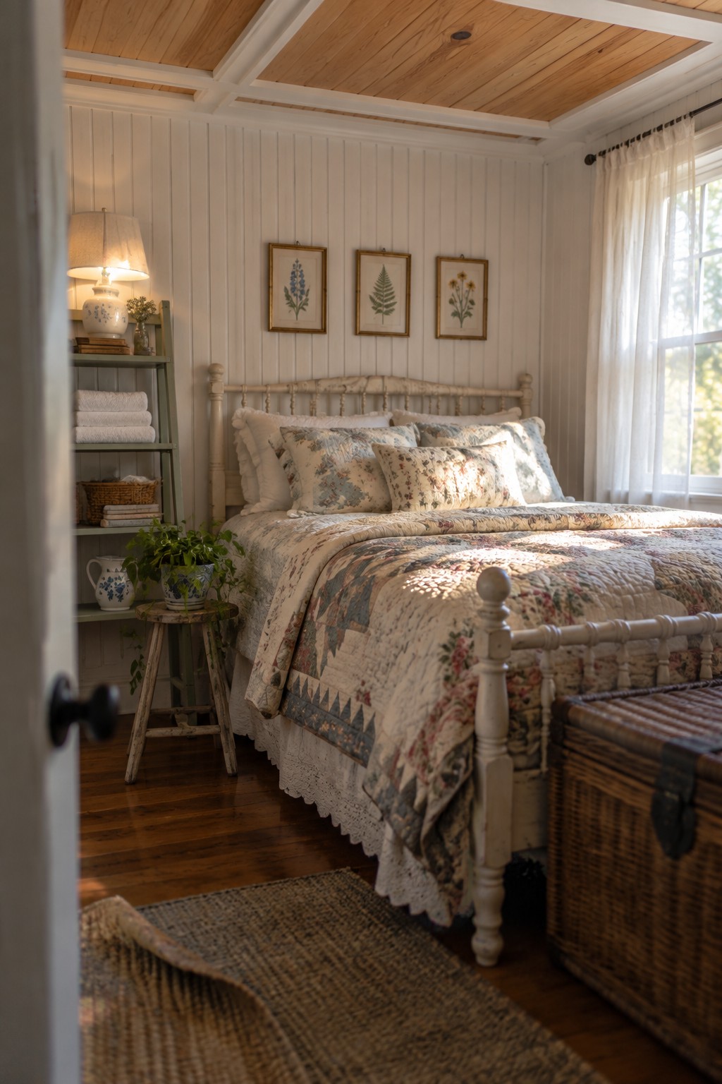 Cozy cottage bedroom with floral quilt on white bed, wooden shelves, and sunlight.