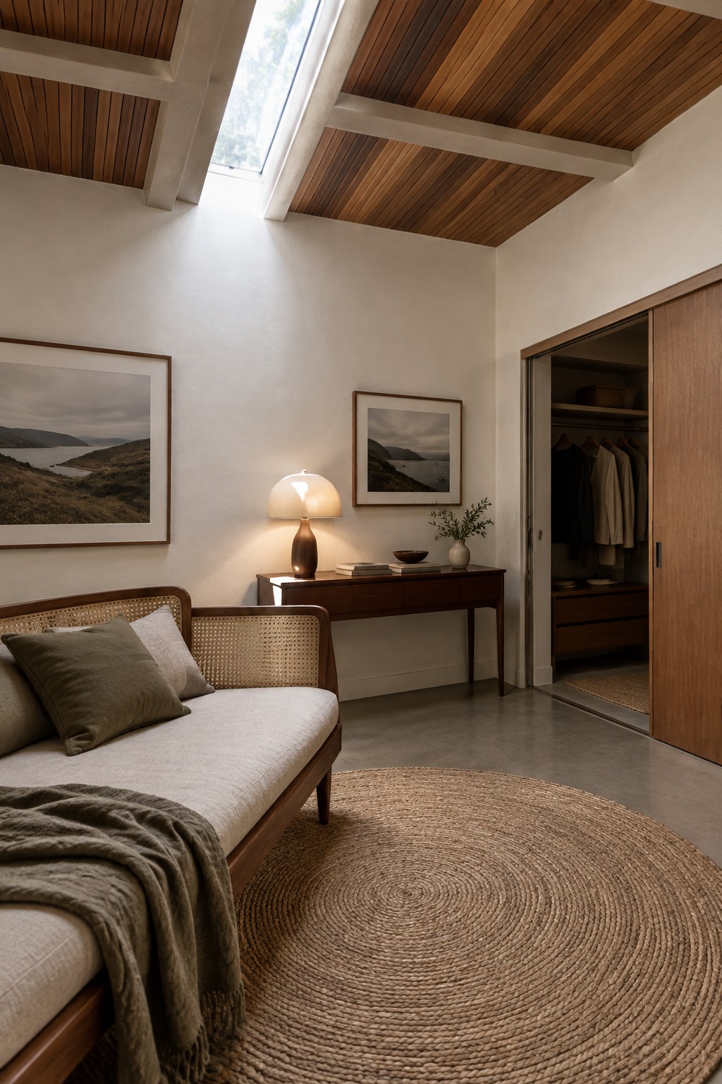 A bedroom interior with a wood-paneled ceiling featuring exposed beams and a skylight, a light-colored daybed with pillows, framed landscape prints on the walls, and an open closet with hanging clothes.