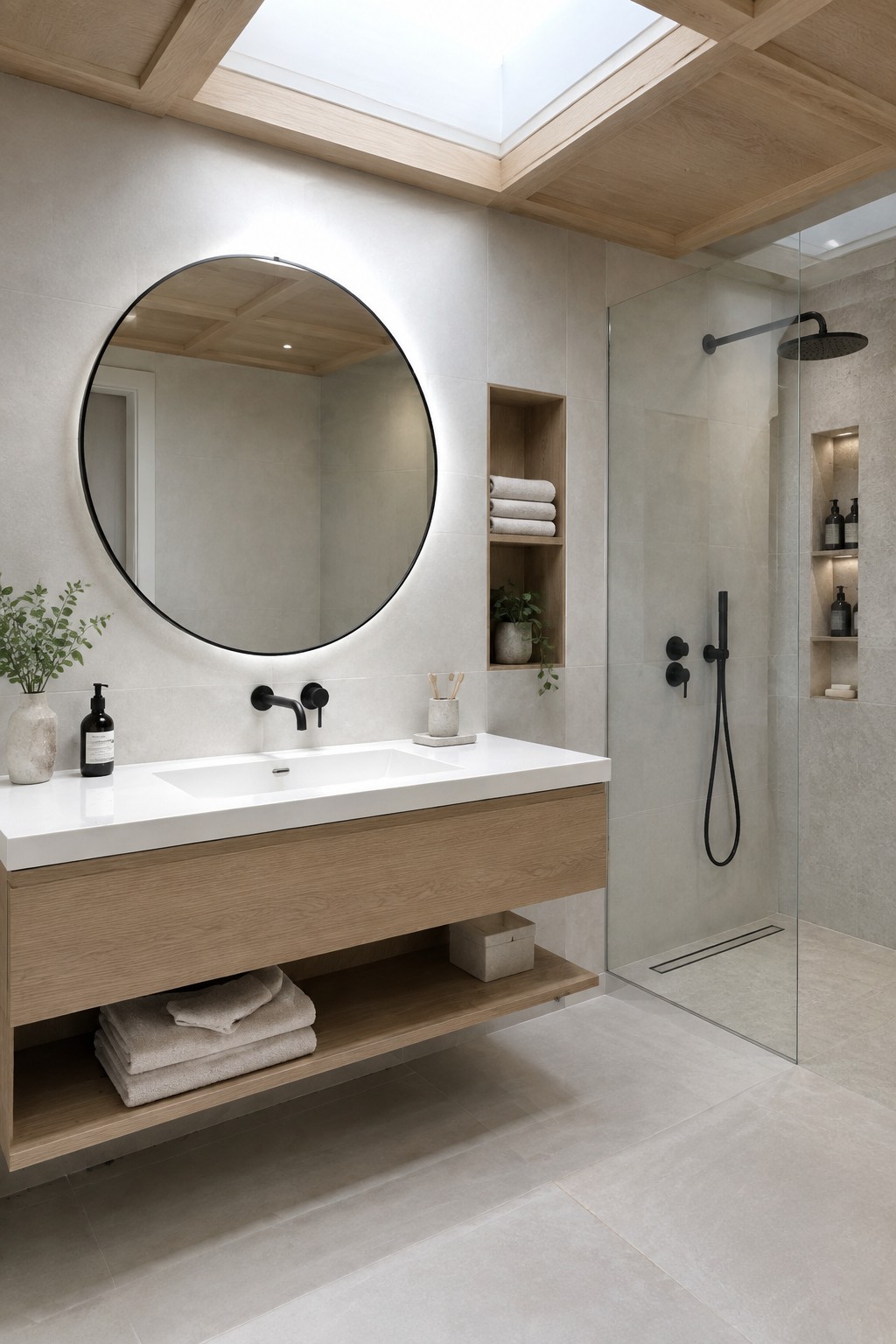 A modern bathroom featuring a floating light wood vanity with integrated sink, round illuminated mirror, open shelving, and a glass-enclosed shower beneath a wood-paneled ceiling with a large central skylight.