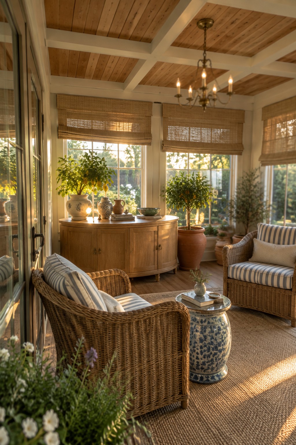A bright sunroom interior with a coffered wood ceiling, wicker seating, and large windows with woven shades.