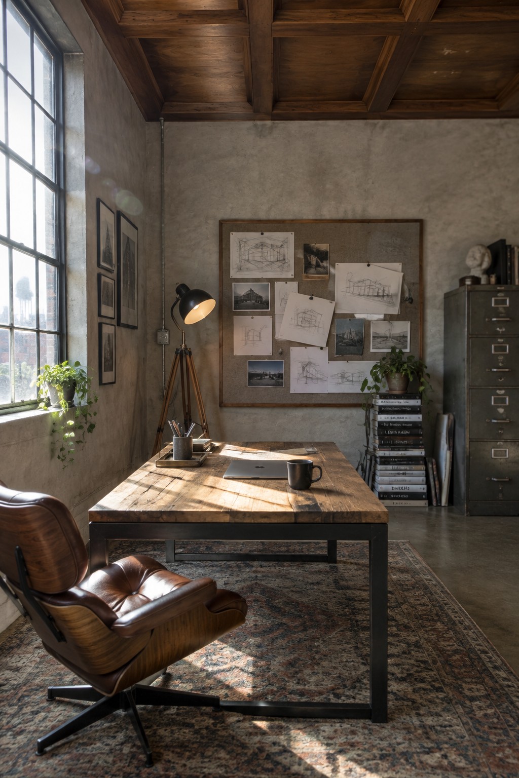 A spacious home office featuring a dark wood coffered ceiling, a rustic wooden desk with a laptop and lamp, a brown leather swivel chair, a large multi-pane window on the left, and an inspiration board on the back wall.