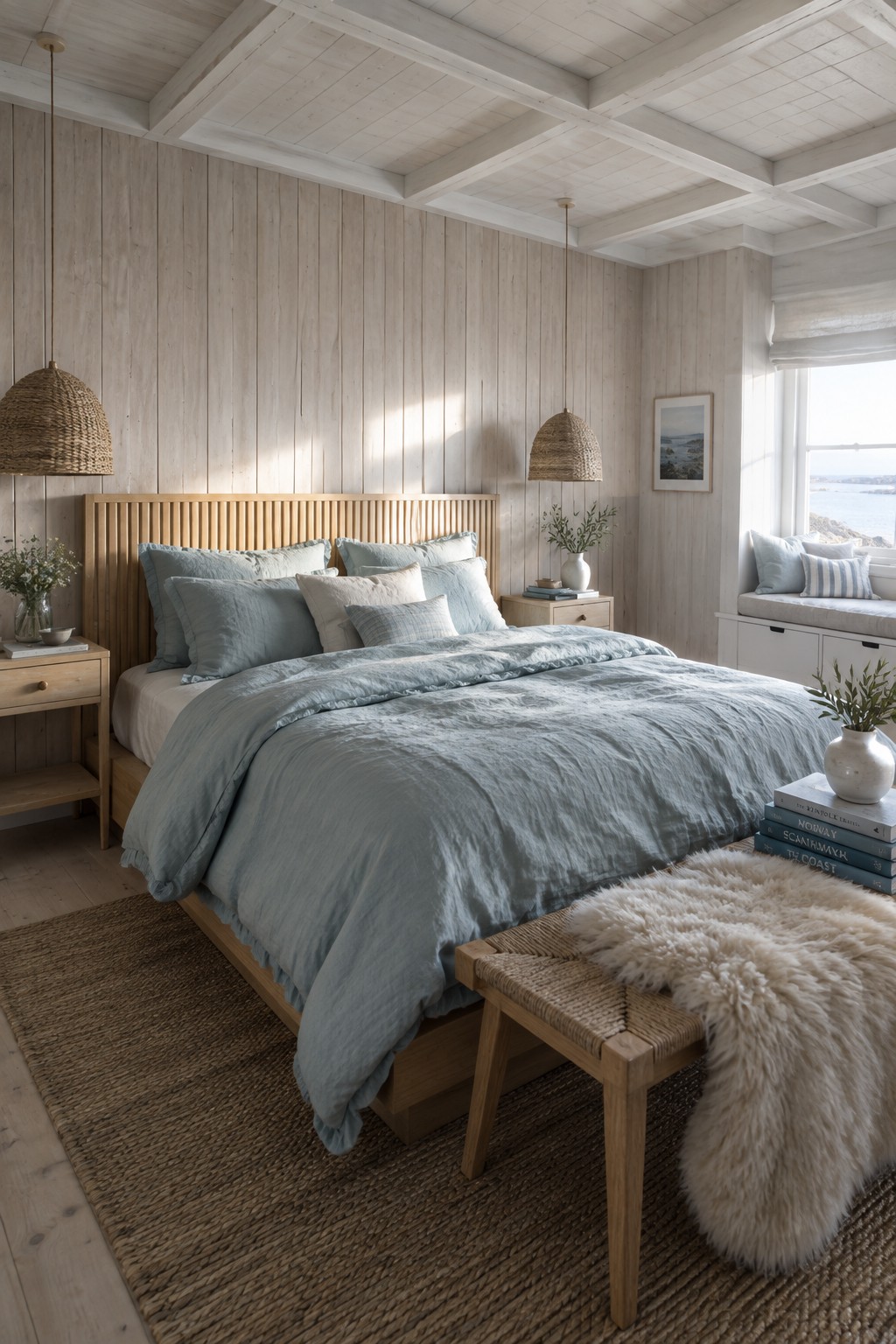 A bedroom with light wood paneled walls and ceiling beams, a bed with blue linens, woven pendant lights, and a window seat overlooking the water.