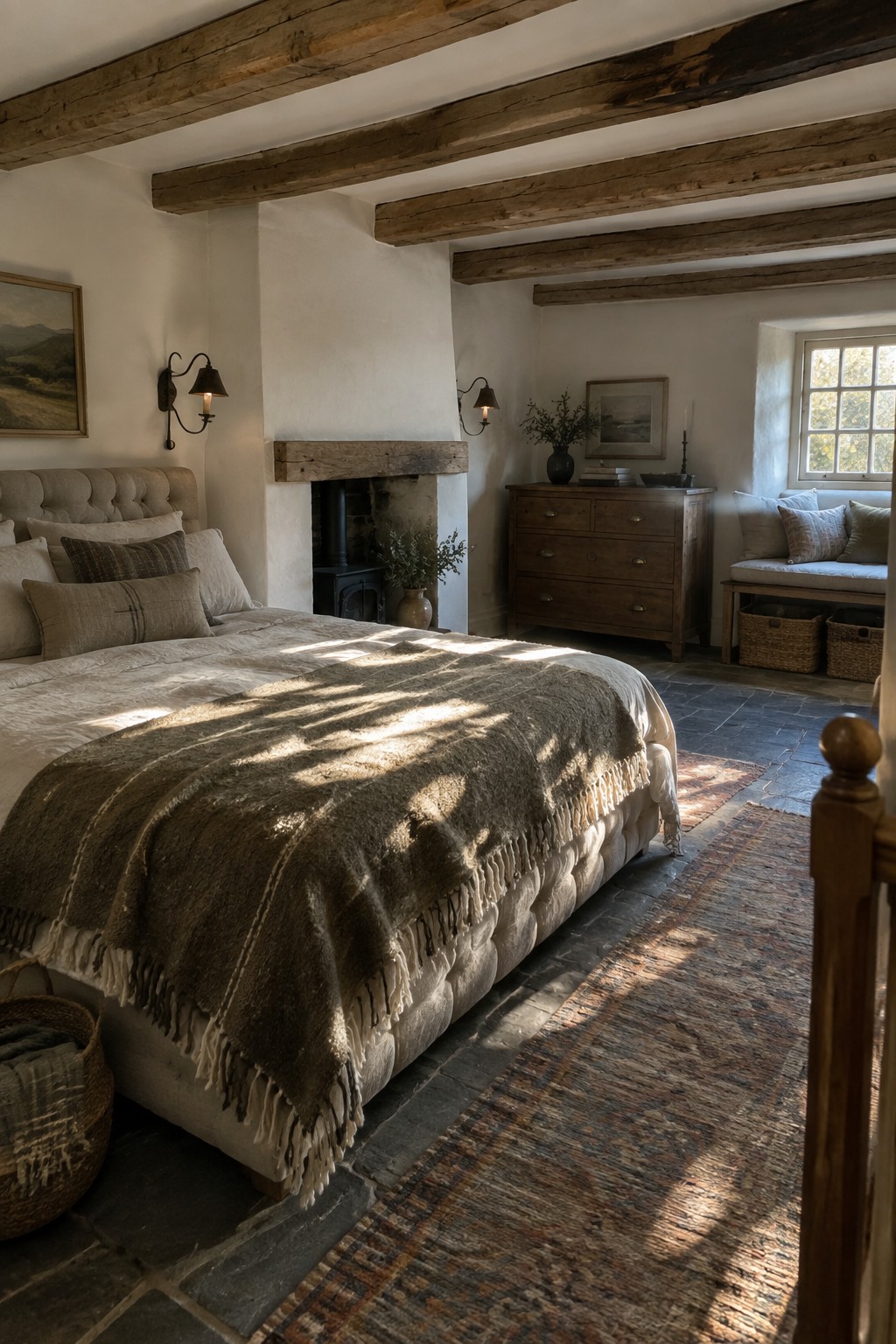 A primary bedroom with a large bed dressed in white linens and a brown fringed throw, a stone fireplace between two wall sconces, exposed dark wooden ceiling beams, and a window seat on the right.