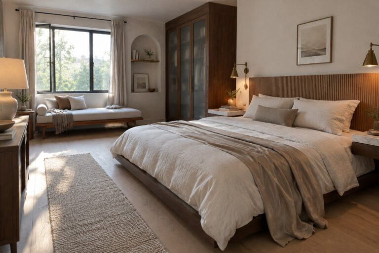 24 Luxurious Modern Primary Bedroom Ideas Inspired by Boutique Hotel Rooms Sunlit bedroom with wooden bed, neutral linens, woven rugs, and large window with trees