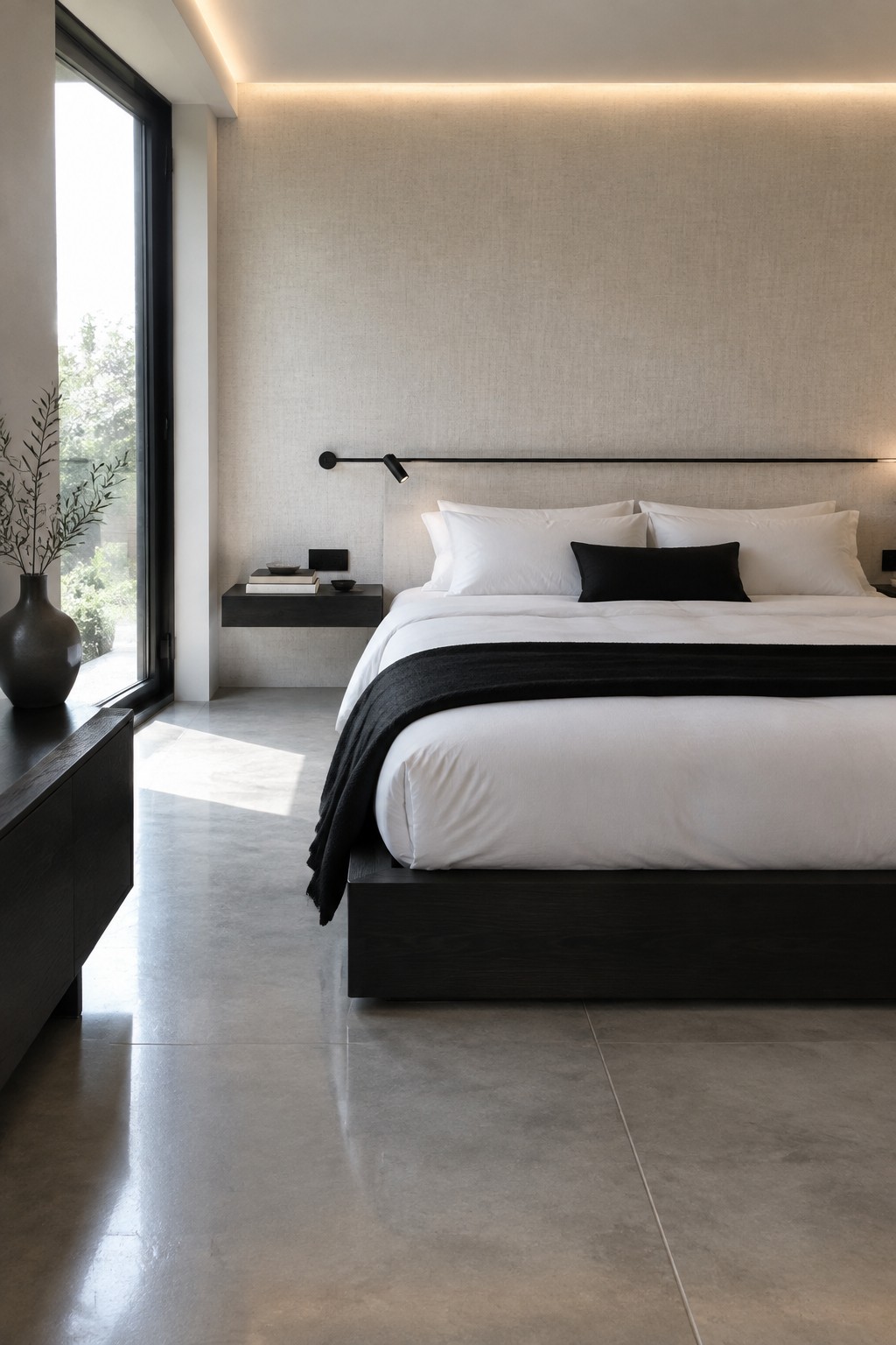 Modern bedroom with a low dark wood platform bed in white linens, a floating dark shelf on the left wall holding books, and a long horizontal wall-mounted light above the headboard area.