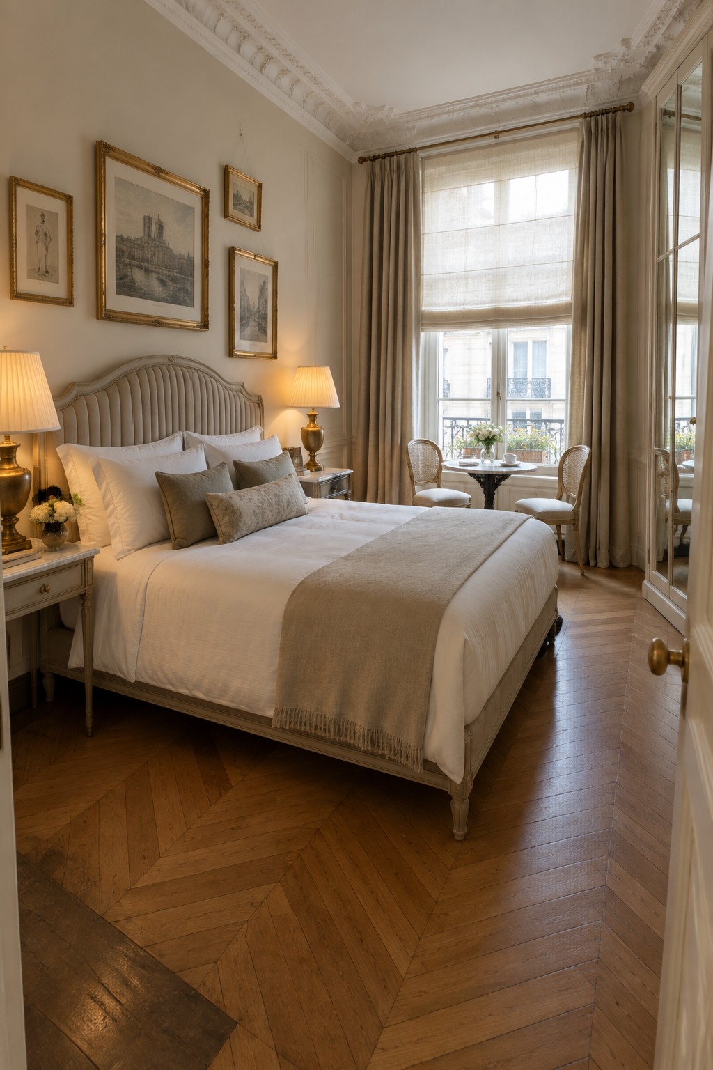 Elegant bedroom with beige upholstered bed, white linens, framed art, and herringbone floor