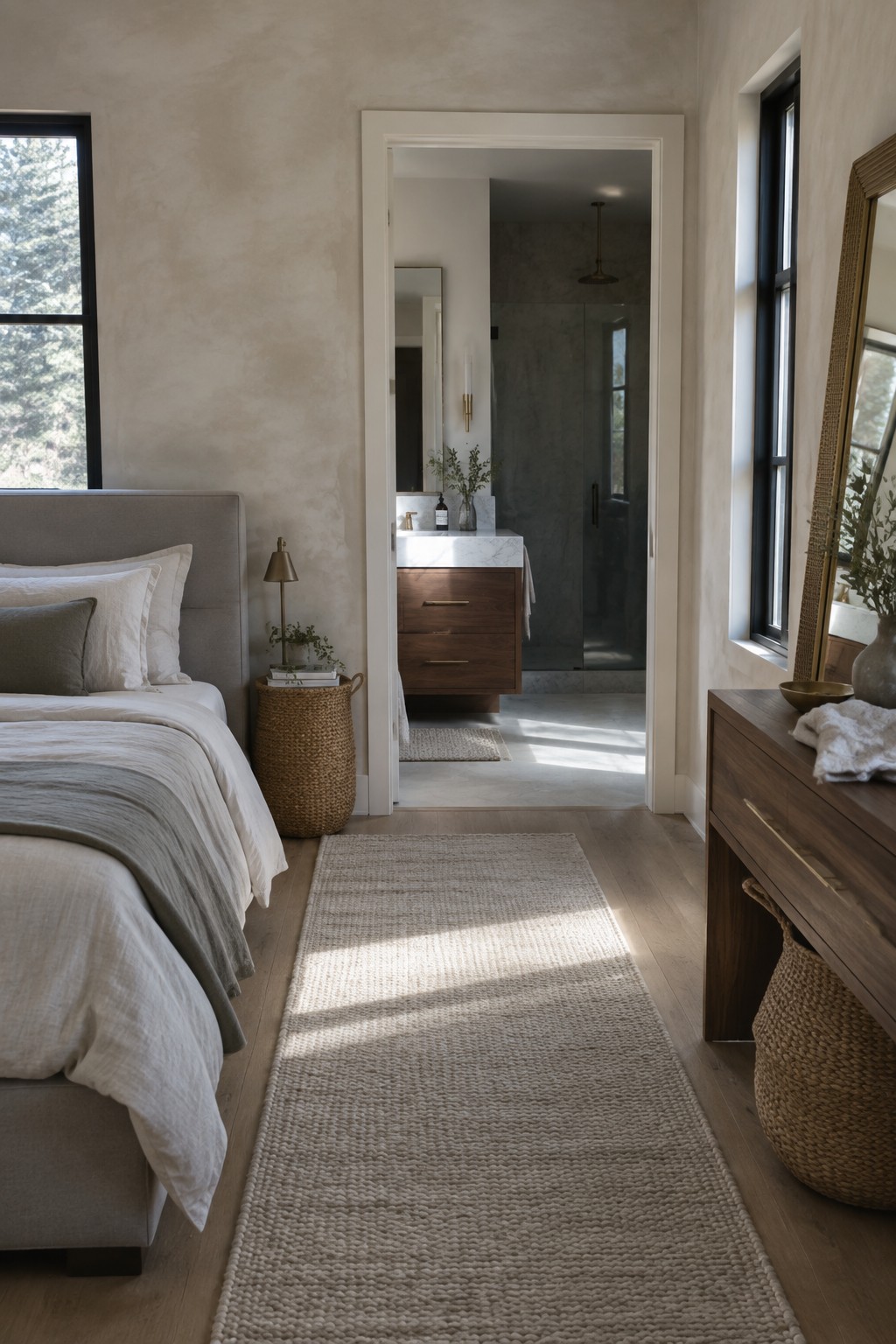 Neutral bedroom with upholstered bed, woven runner rug, and open bathroom.