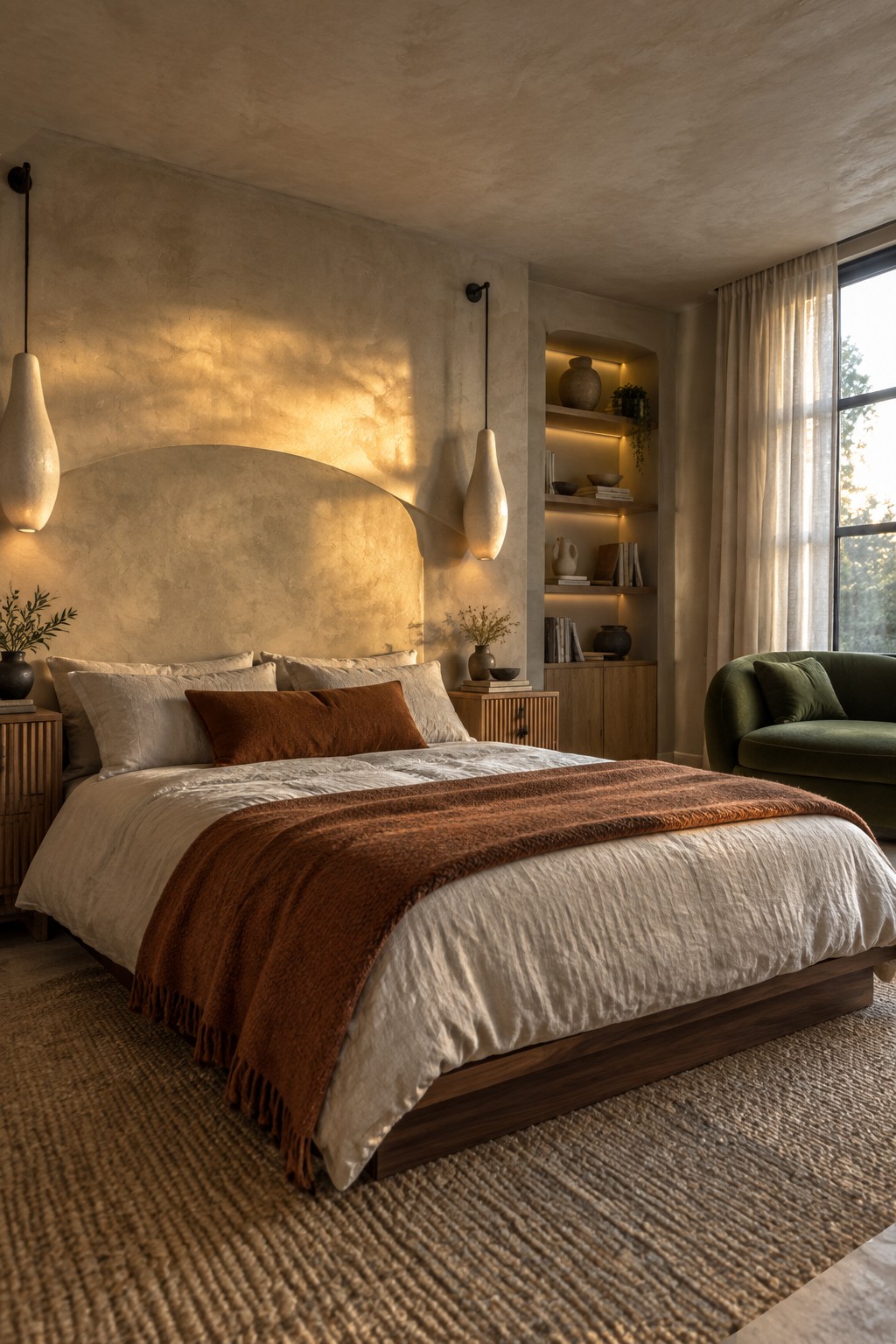A modern bedroom featuring a bed with white and terracotta linens against a curved textured plaster wall, flanked by pendant lights and built-in wooden shelves.