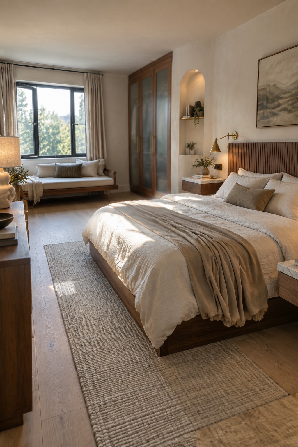 Sunlit bedroom with wooden bed, neutral linens, woven rugs, and large window with trees