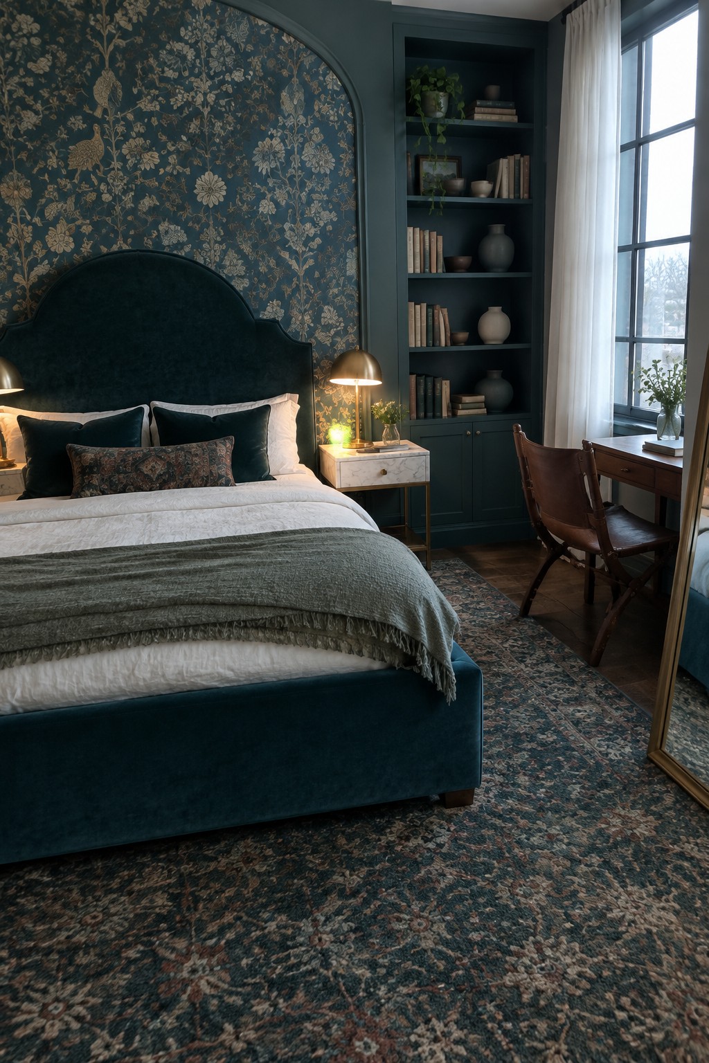 A bedroom with a dark teal upholstered bed, matching built-in bookshelves, and patterned wallpaper in an arched alcove.