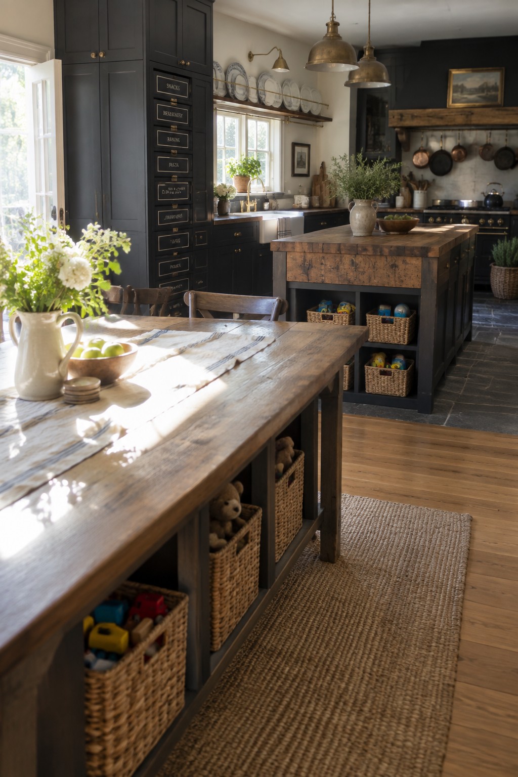 A kitchen interior showing a large wooden island with open lower cubbies holding woven baskets, dark painted cabinetry with labeled drawers, and a rustic dining table in the foreground.