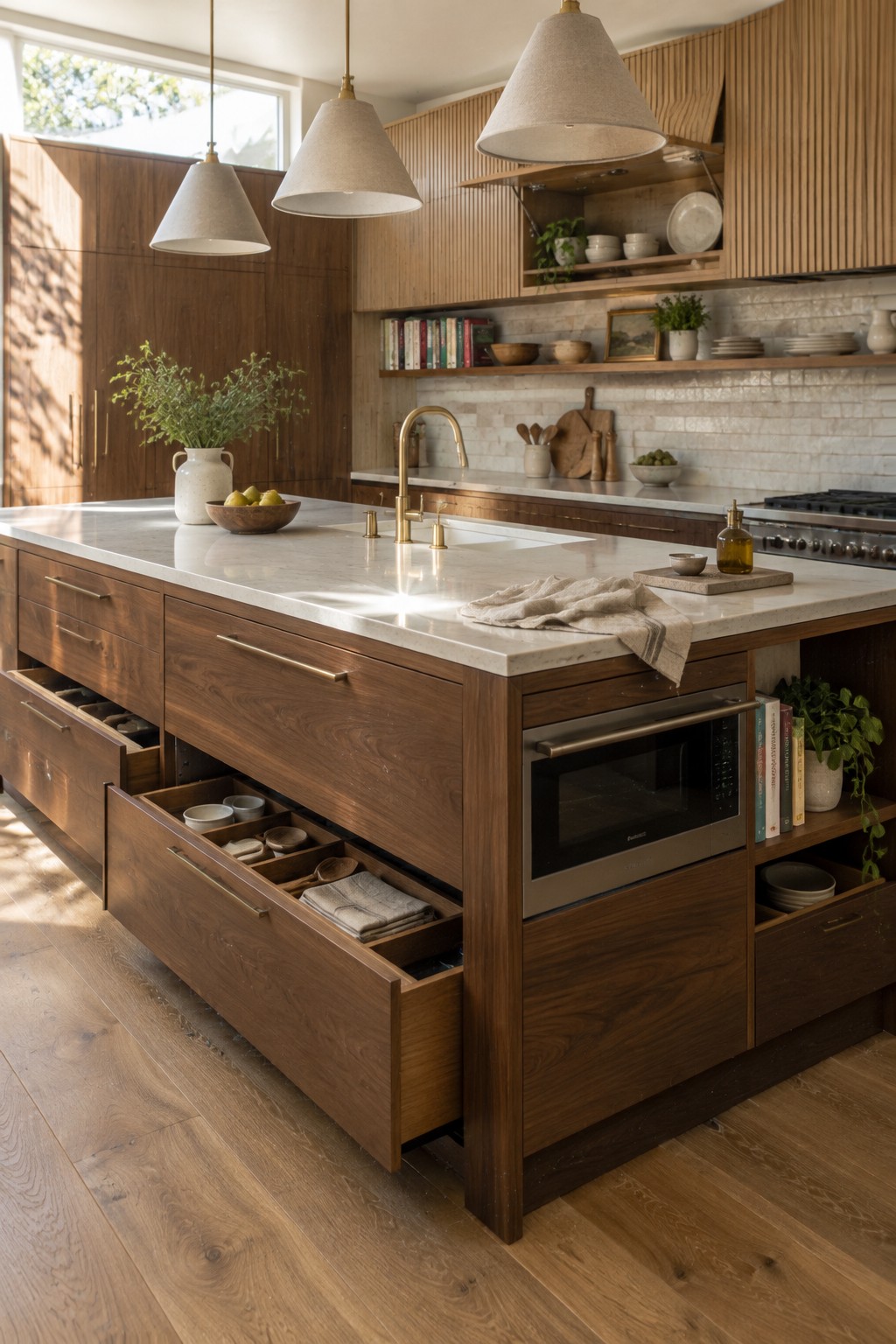 A modern kitchen featuring a large wooden island with open drawers showing organized compartments, an integrated microwave, and a white marble countertop.
