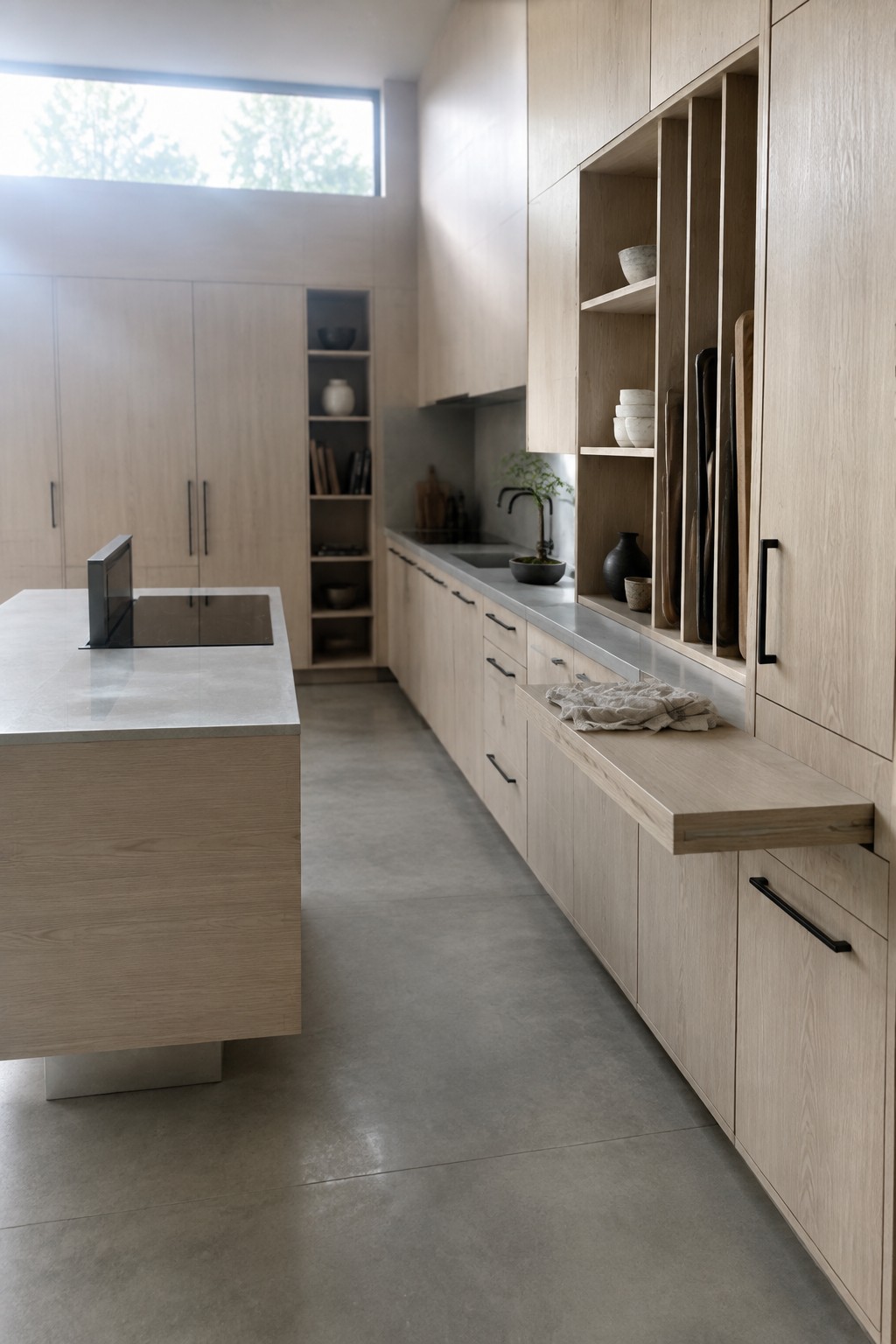 Modern kitchen with light wood cabinetry, integrated open shelving holding white dishes and bowls, gray countertop with sink, and a freestanding island with built-in cooktop.