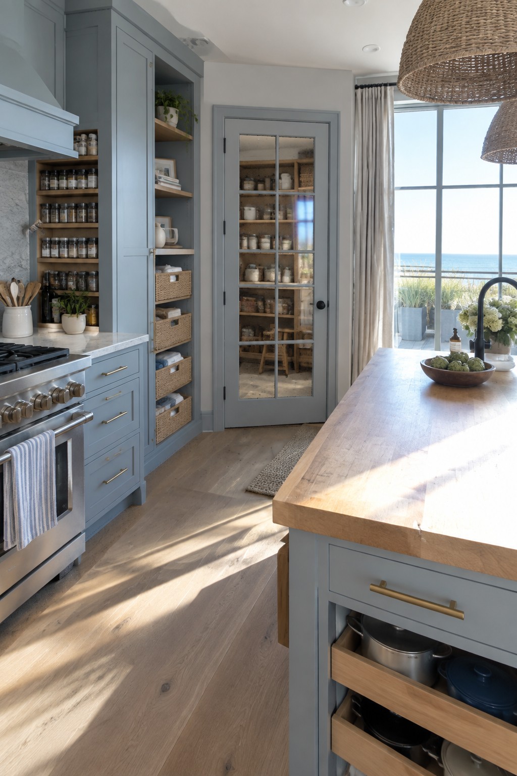 A kitchen interior with blue cabinetry, open wooden shelves holding glass jars and woven baskets, a wooden island with open drawers showing pots and pans, and a glass door leading to a pantry.