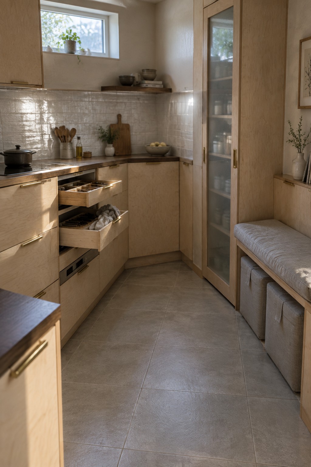 A modern kitchen interior with light wood cabinets, several open pull-out drawers with compartment organizers, a built-in bench with storage ottomans, and a window above the counter.