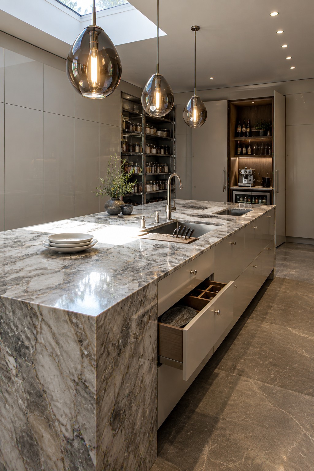 Modern kitchen interior with a large marble island, open divided drawers, stainless steel faucet, and open shelving in the background.
