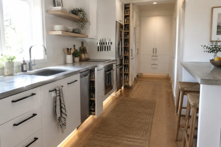 21 Modern Kitchen Design Ideas Built Around Functional Storage A modern kitchen with white cabinets, concrete countertops, floating wood shelves, a stainless steel refrigerator, and open pull-out drawers in the base cabinets.
