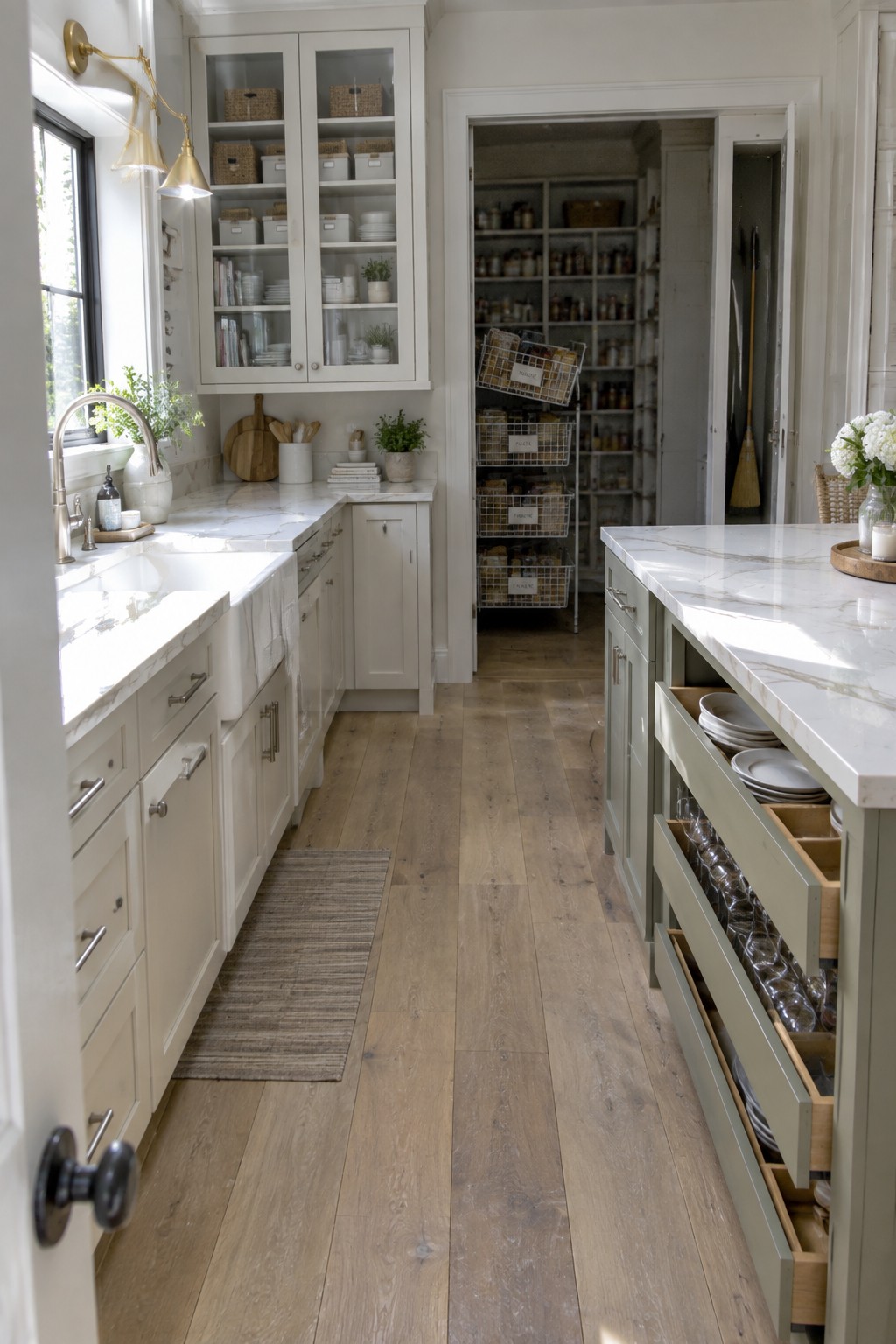 White and sage green kitchen with marble counters, open drawers, and pantry.