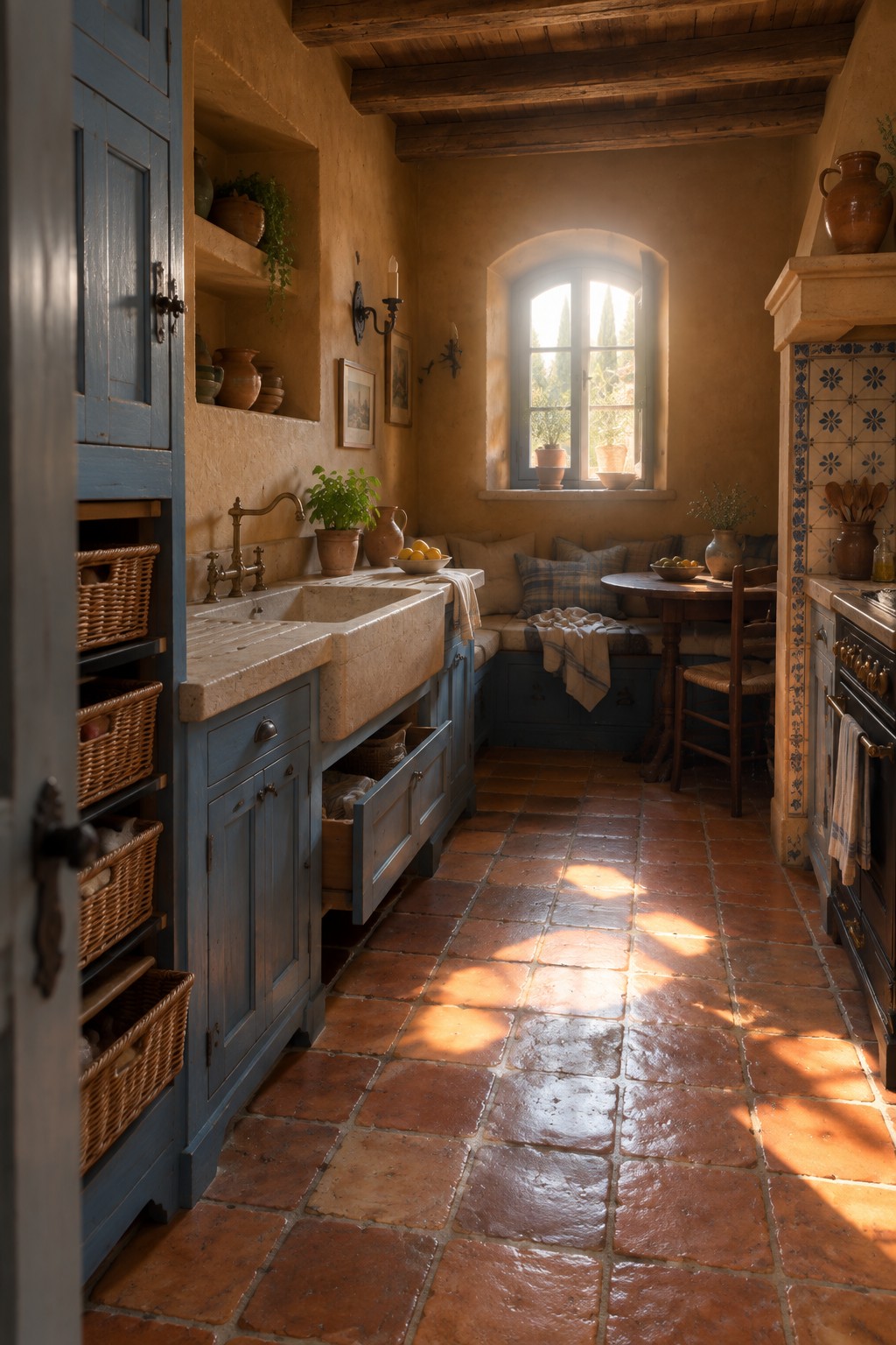 Rustic kitchen with blue cabinets, stone sink, terracotta floor, and sunlit arched window