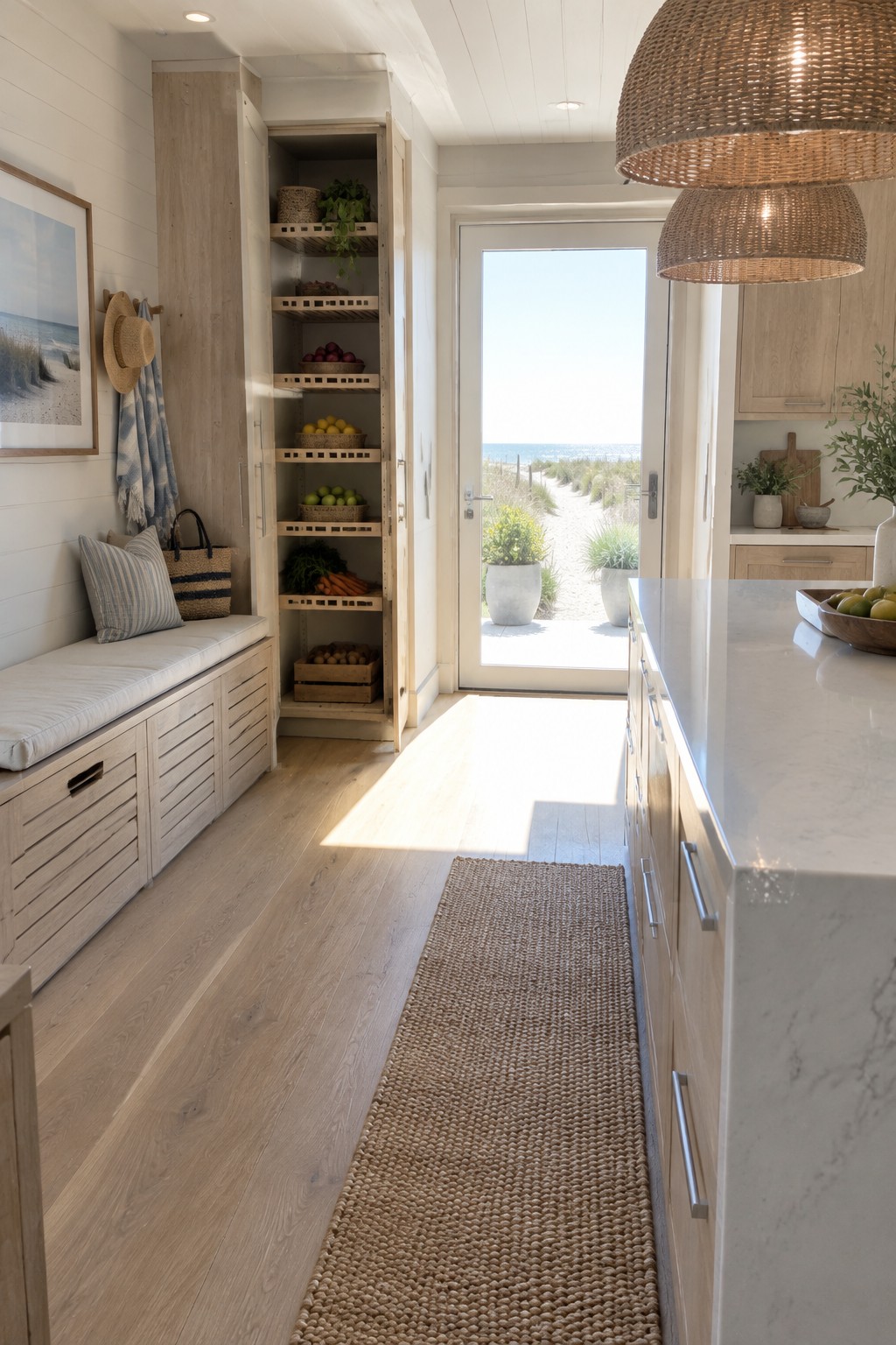A modern kitchen interior with tall open wooden shelving stocked with baskets and crates of fruits and vegetables, a white marble island on the right, light wood cabinetry, and glass doors leading to a beach path.