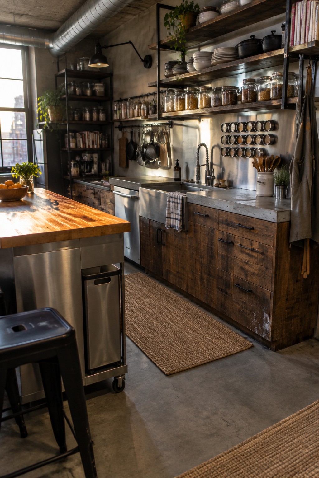 Industrial kitchen with wooden island, stainless sink, open shelves of jars, woven rug