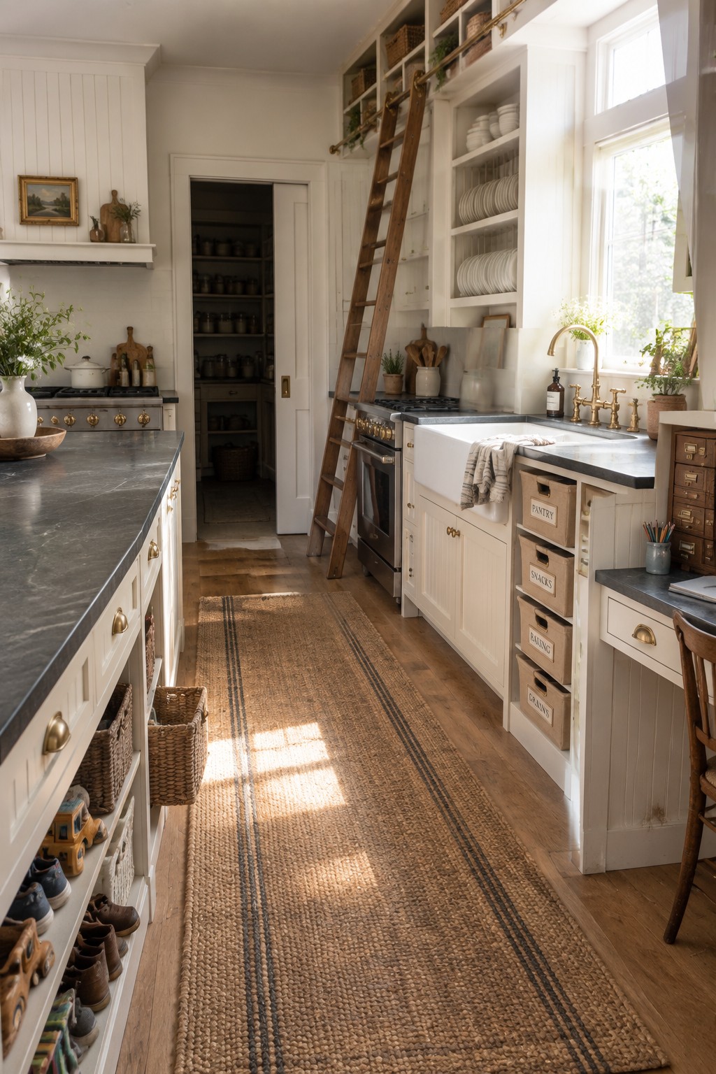 A bright kitchen interior with white cabinets, open upper shelves reached by a wooden ladder, labeled storage bins, a farmhouse sink, and a long woven runner on wood flooring.