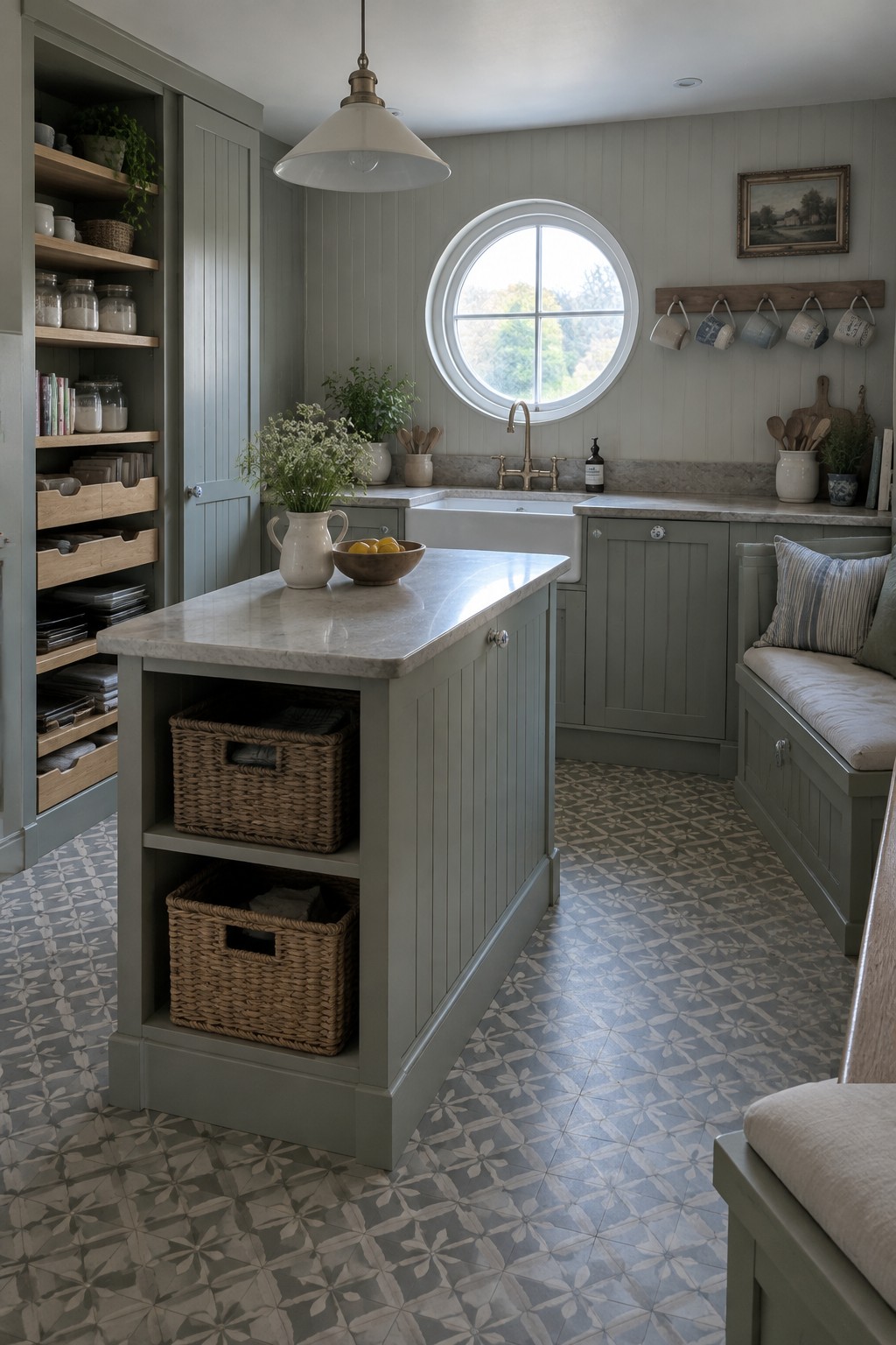 Sage green kitchen island with marble top, wicker baskets, round window, and patterned floor