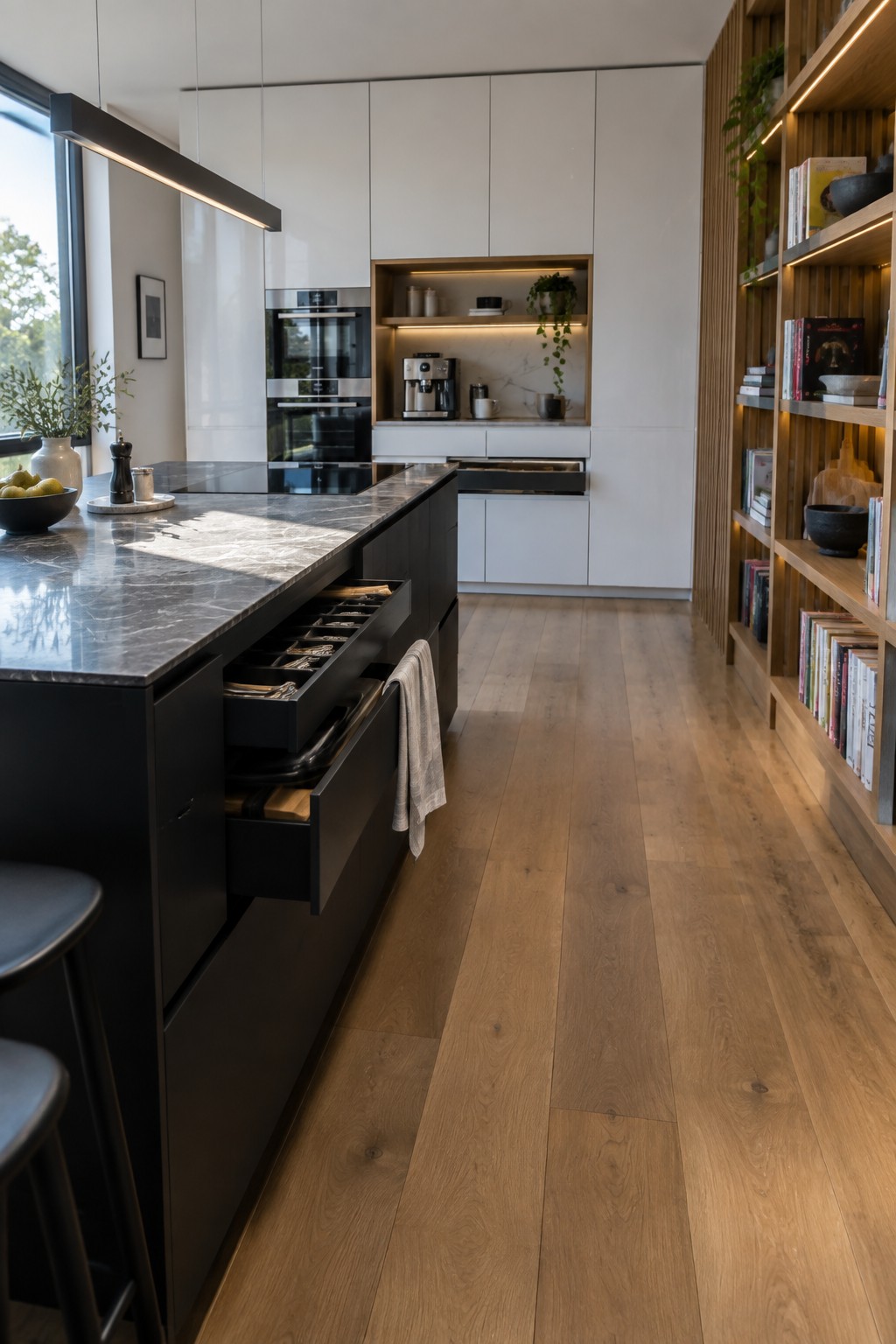 Modern kitchen with black island, marble countertop, open drawers, and wooden shelving.