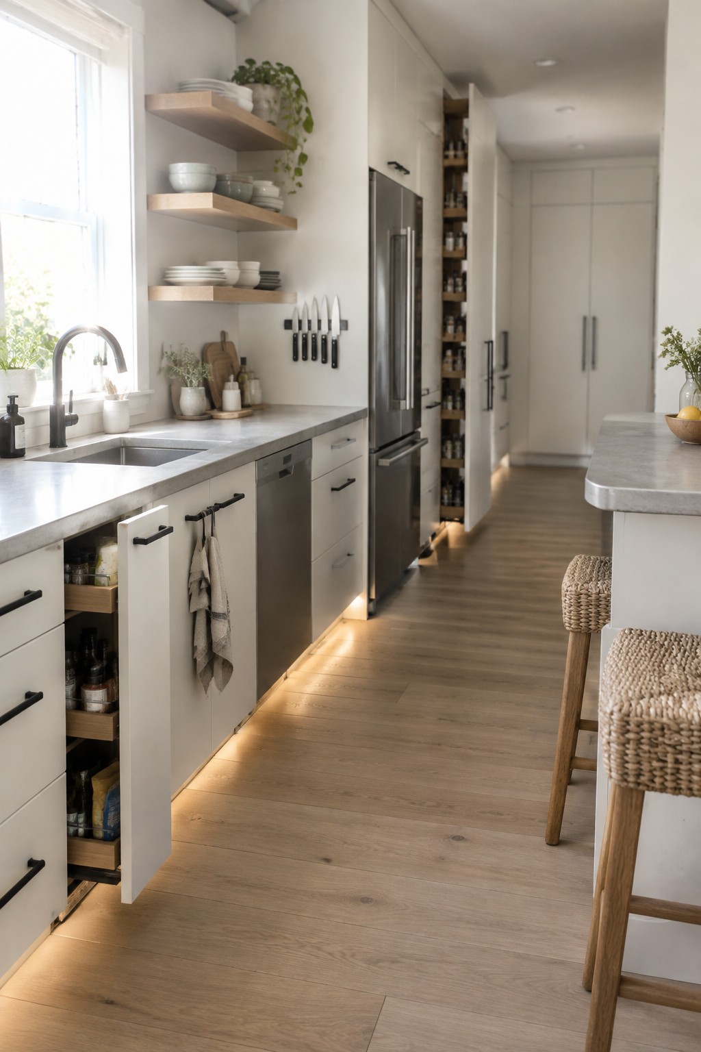 A modern kitchen with white cabinets, concrete countertops, floating wood shelves, a stainless steel refrigerator, and open pull-out drawers in the base cabinets.