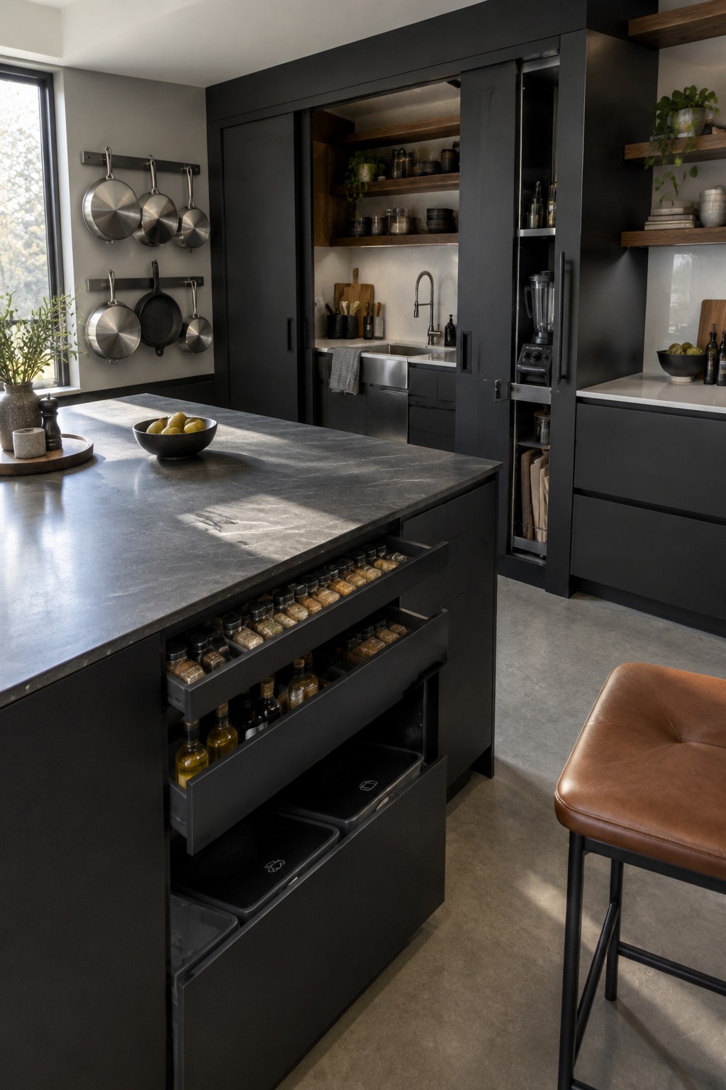A modern dark kitchen with an island featuring multiple open pull-out drawers holding rows of spice jars and bottles, next to a brown leather stool.